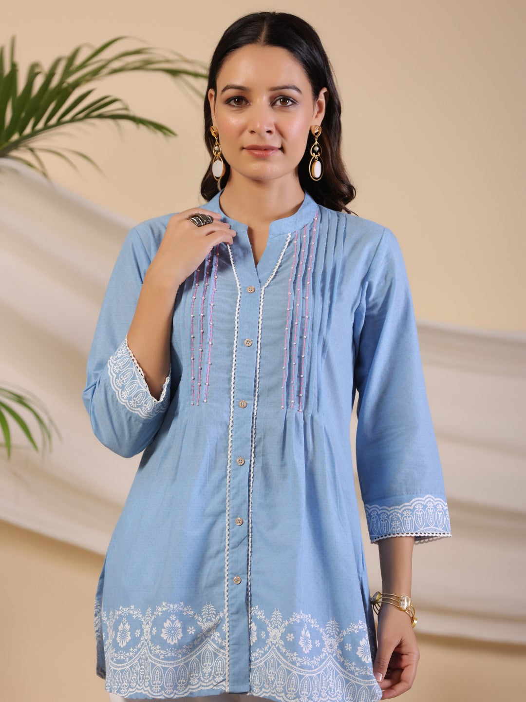 Juniper Powder Blue Ethnic Motif Printed Pure Cotton Tunic With Lace Work