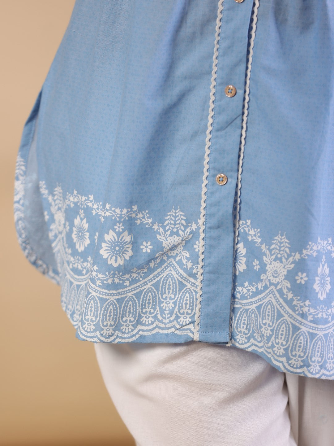 Juniper Powder Blue Ethnic Motif Printed Pure Cotton Tunic With Lace Work