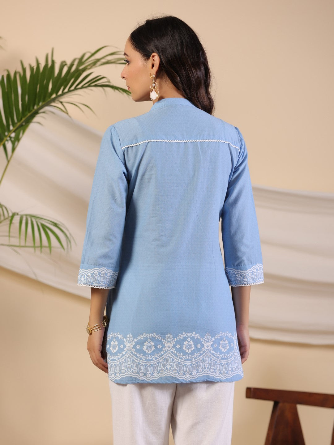 Juniper Powder Blue Ethnic Motif Printed Pure Cotton Tunic With Lace Work