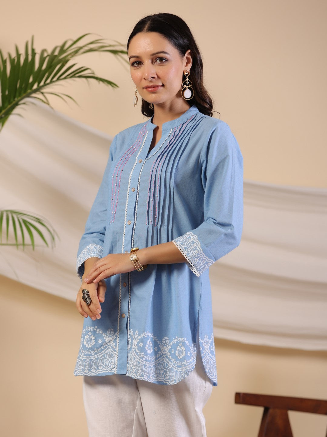 Juniper Powder Blue Ethnic Motif Printed Pure Cotton Tunic With Lace Work