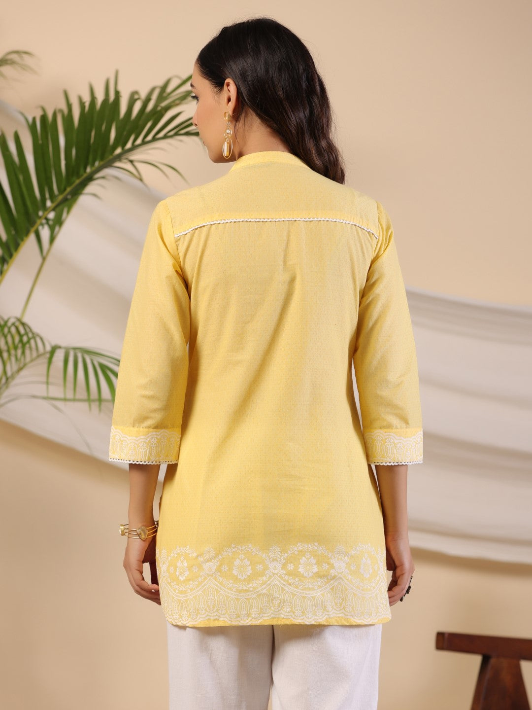Juniper Yellow Ethnic Motif Printed Pure Cotton Tunic With Lace Work