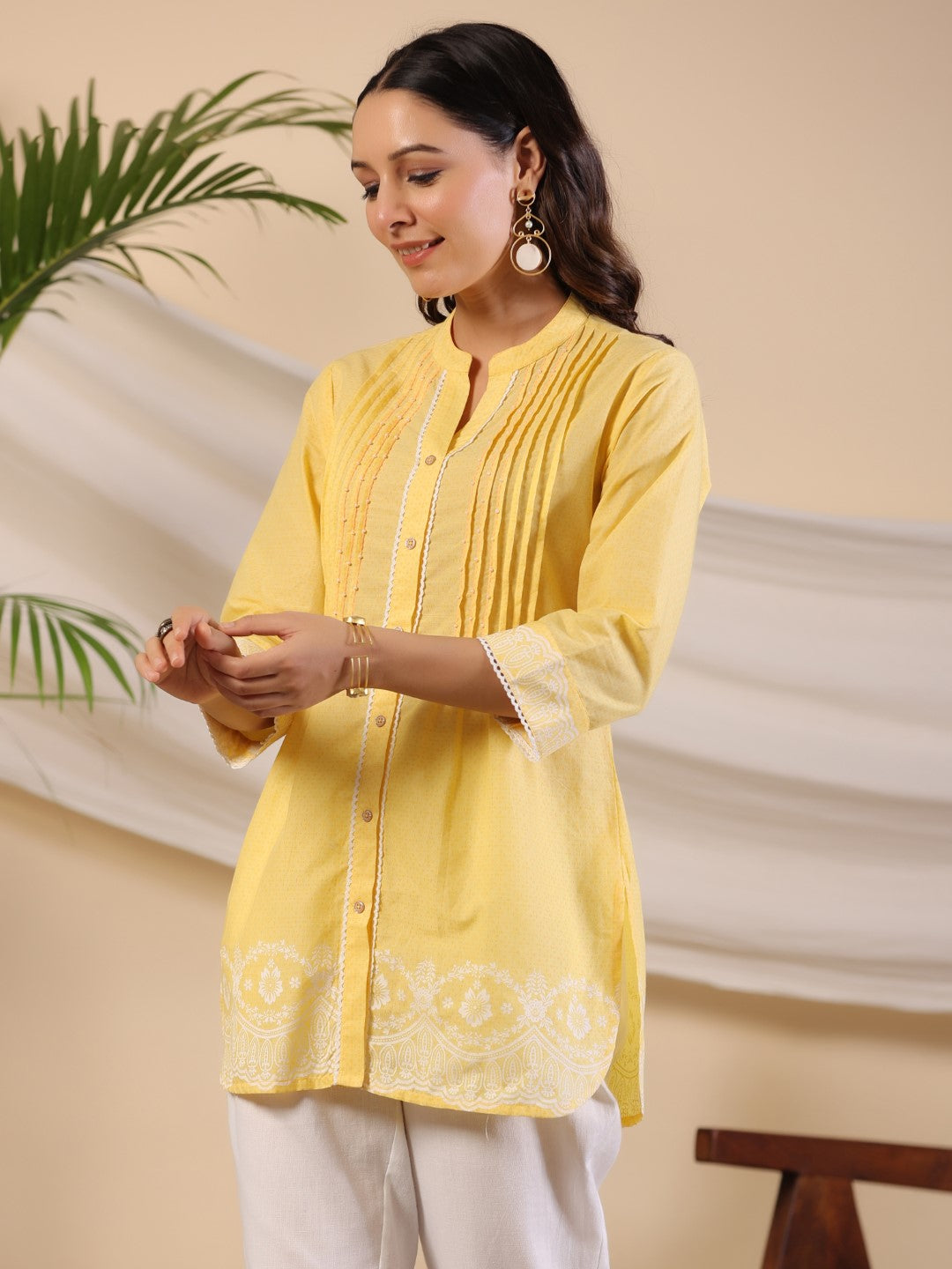 Juniper Yellow Ethnic Motif Printed Pure Cotton Tunic With Lace Work