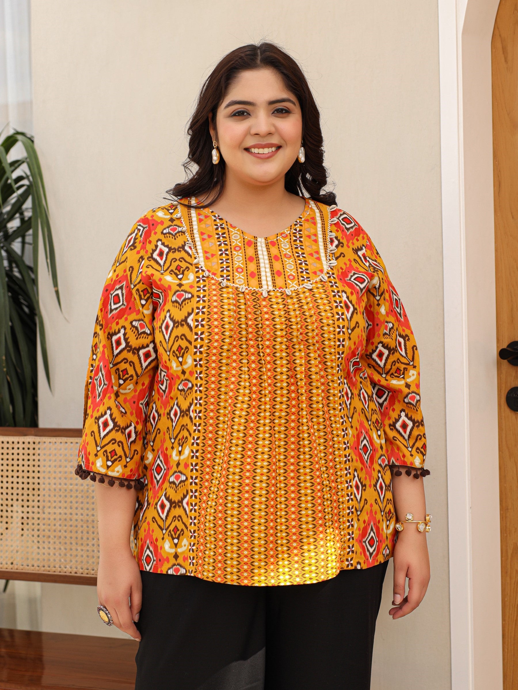 Mustard Rayon Ikat Printed A-Line Lacy Plus Size Tunic With Pintucks At Works & Beadwork