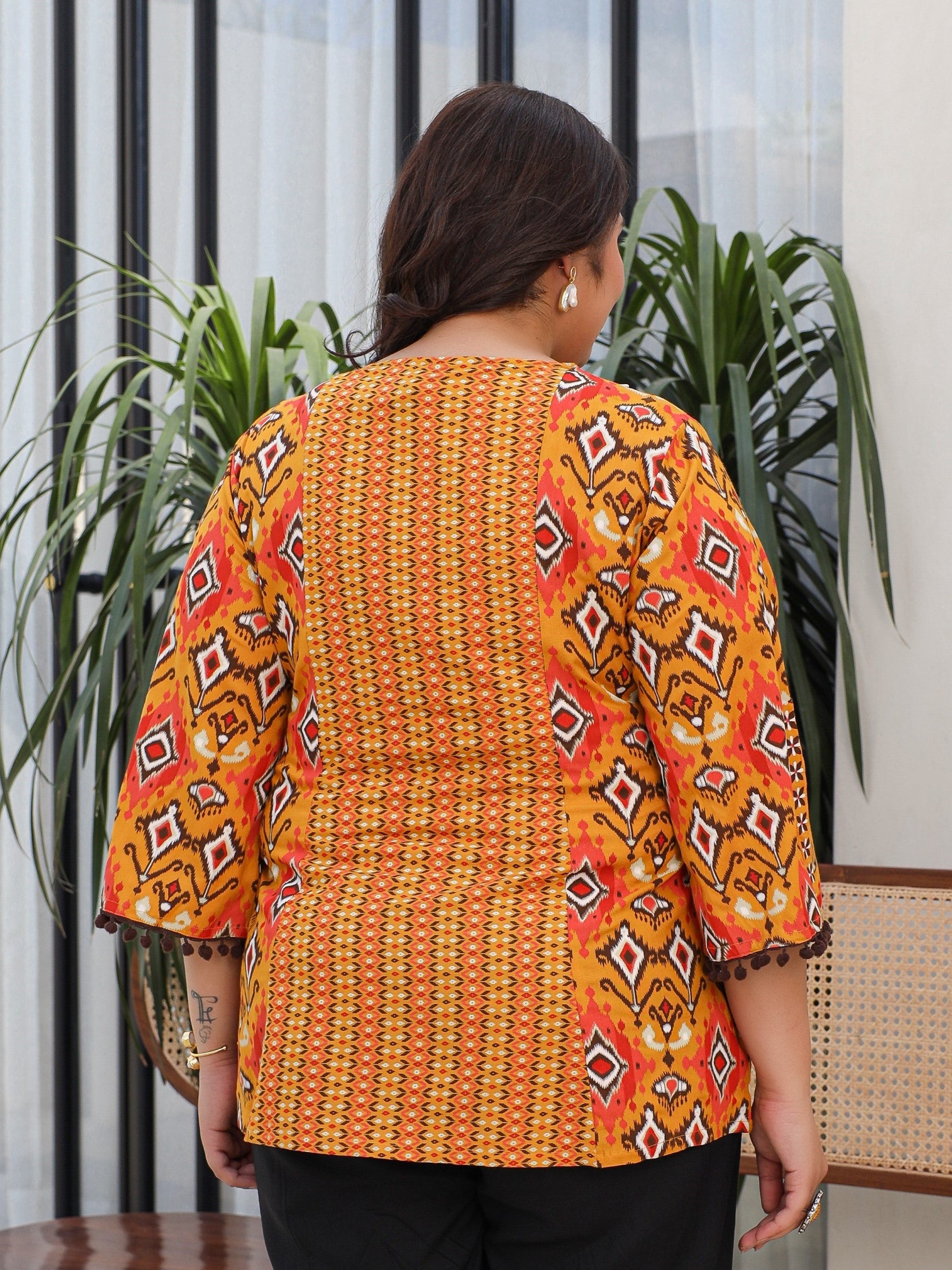 Mustard Rayon Ikat Printed A-Line Lacy Plus Size Tunic With Pintucks At Works & Beadwork