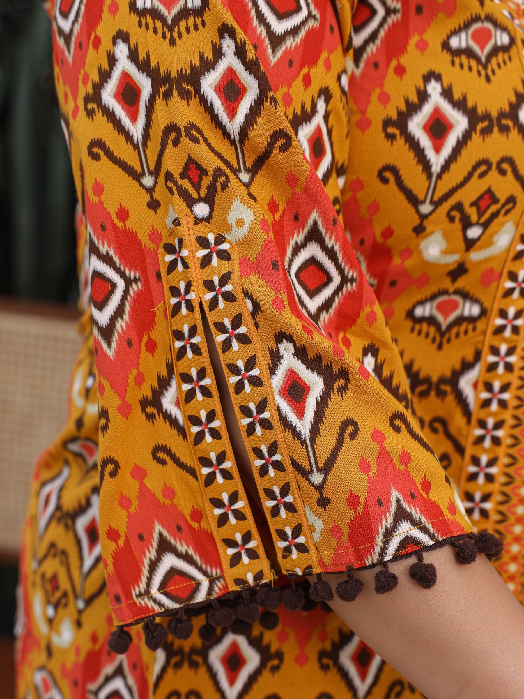 Juniper Mustard Rayon Ikat Printed A-Line Lacy Plus Size Tunic With Pintucks At Works & Beadwork