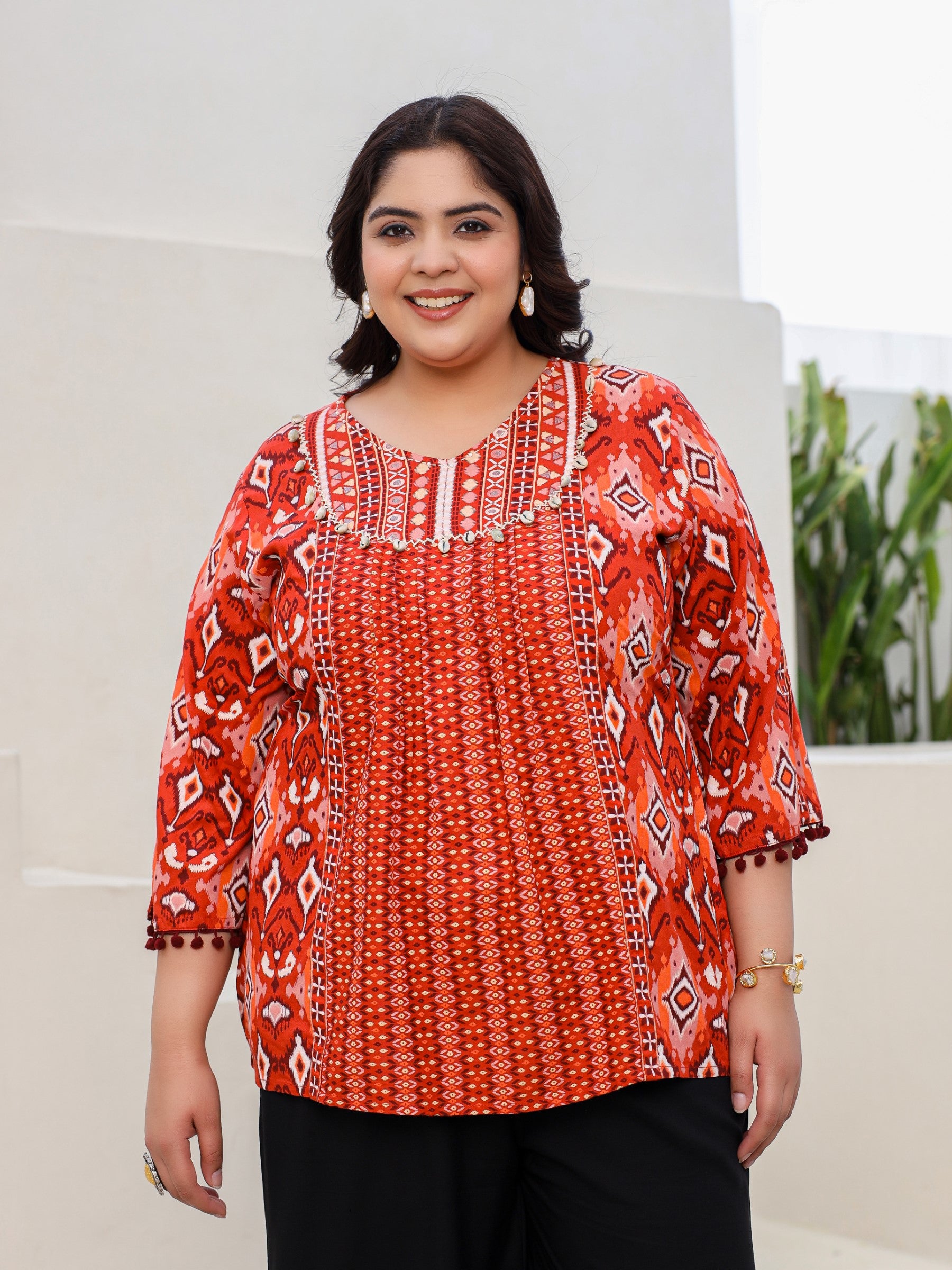 Rust Rayon Ikat Printed A-Line Lacy Plus Size Tunic With Pintucks At Works & Beadwork