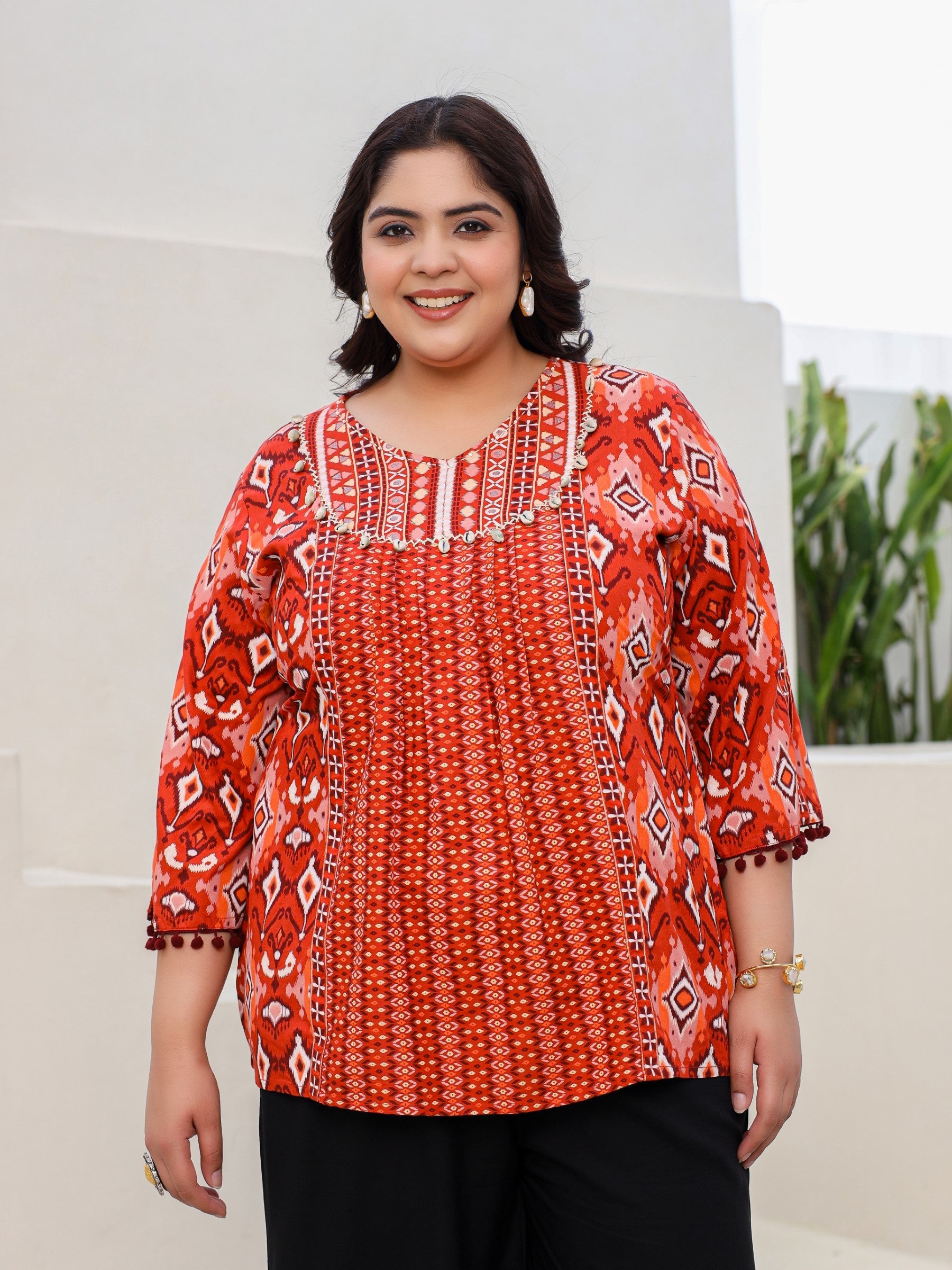Juniper Rust Rayon Ikat Printed A-Line Lacy Plus Size Tunic With Pintucks At Works & Beadwork