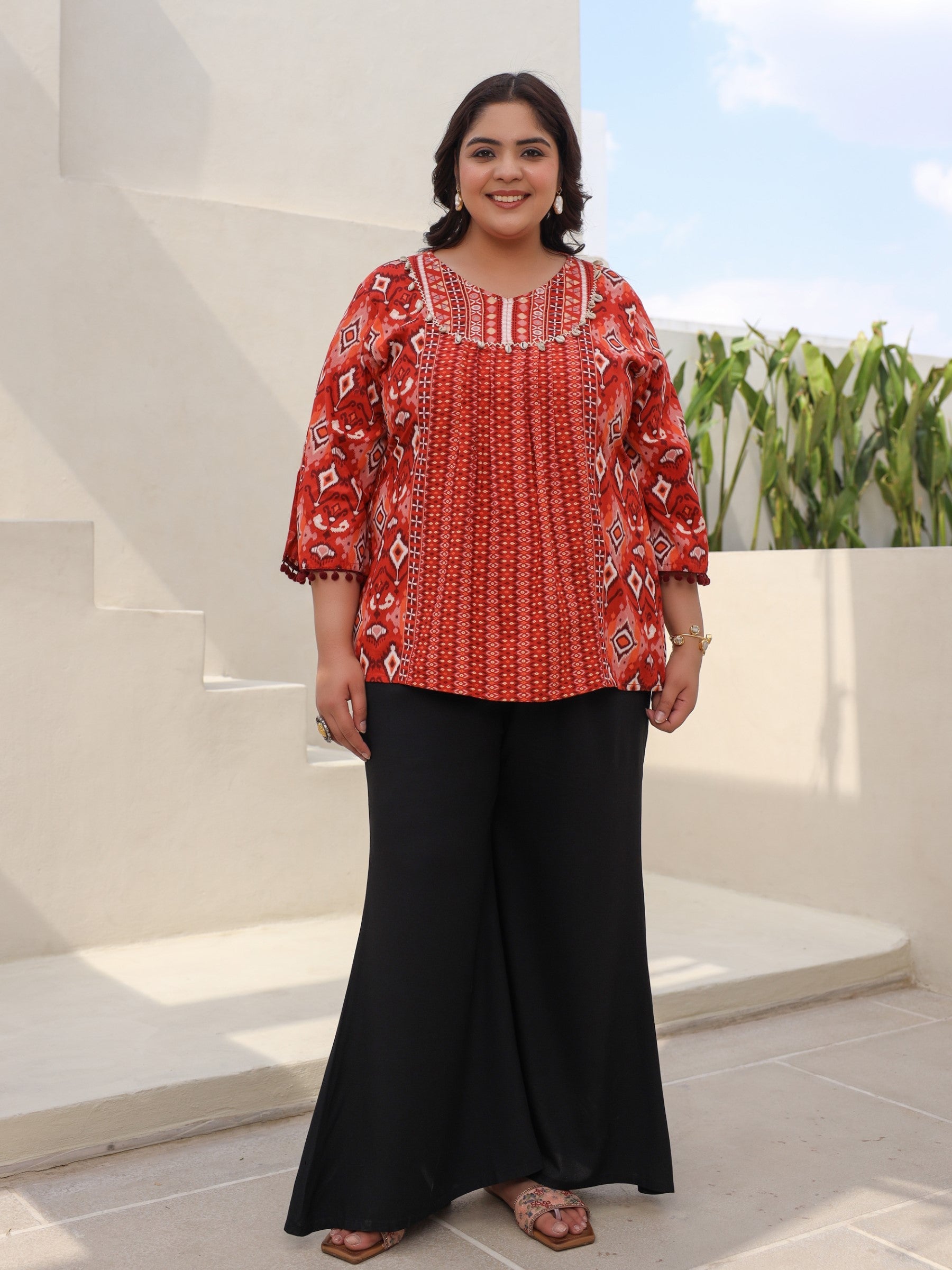 Juniper Rust Rayon Ikat Printed A-Line Lacy Plus Size Tunic With Pintucks At Works & Beadwork