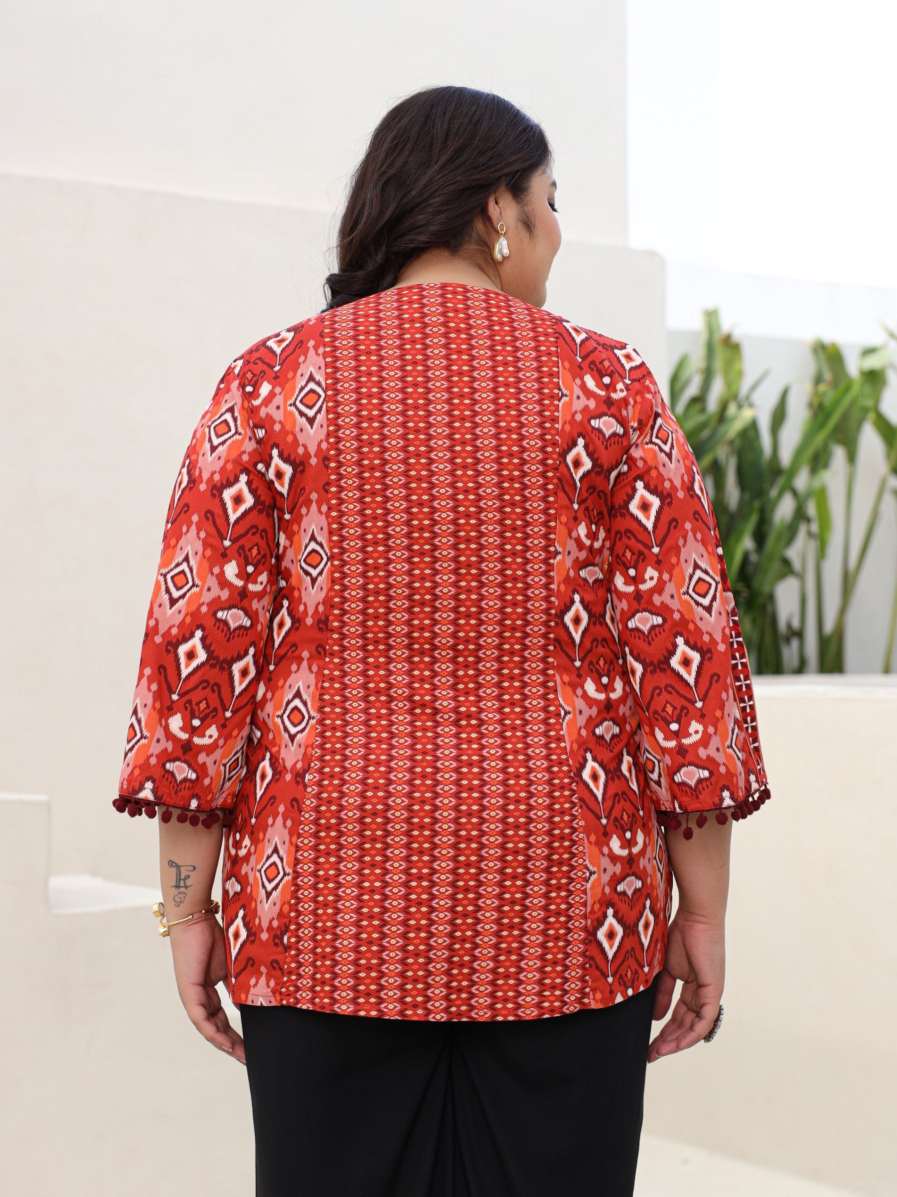 Juniper Rust Rayon Ikat Printed A-Line Lacy Plus Size Tunic With Pintucks At Works & Beadwork