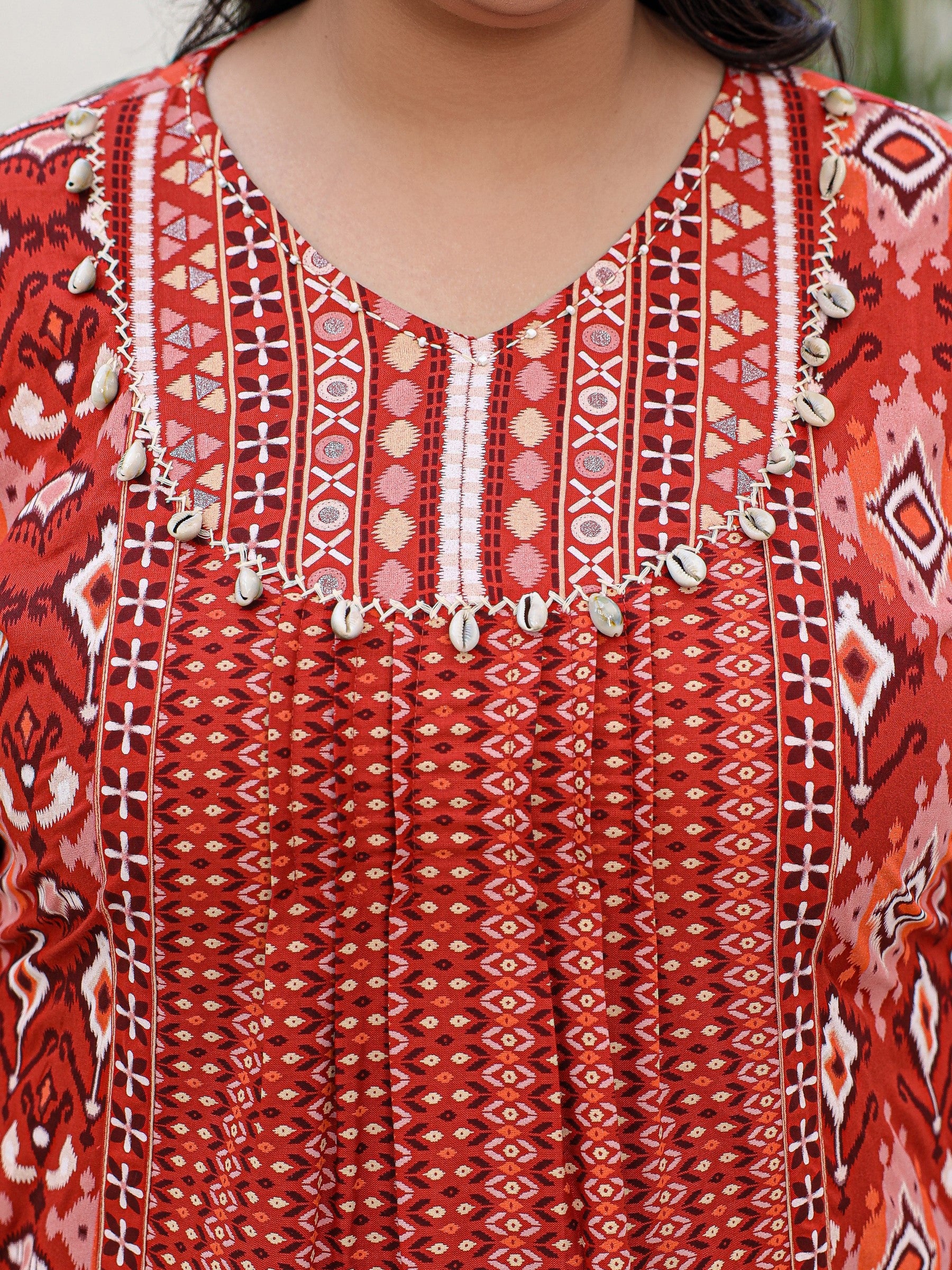 Juniper Rust Rayon Ikat Printed A-Line Lacy Plus Size Tunic With Pintucks At Works & Beadwork