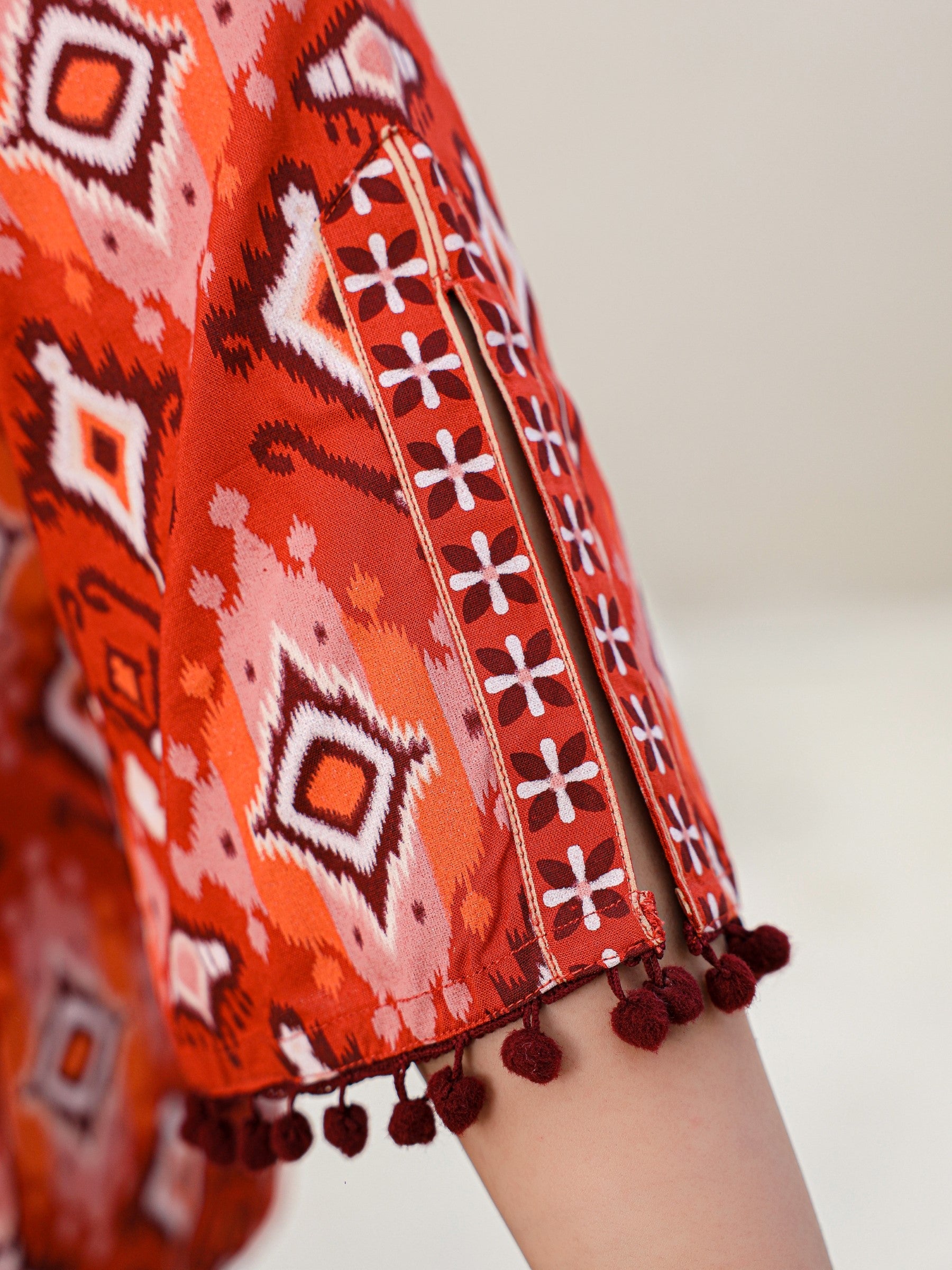 Juniper Rust Rayon Ikat Printed A-Line Lacy Plus Size Tunic With Pintucks At Works & Beadwork