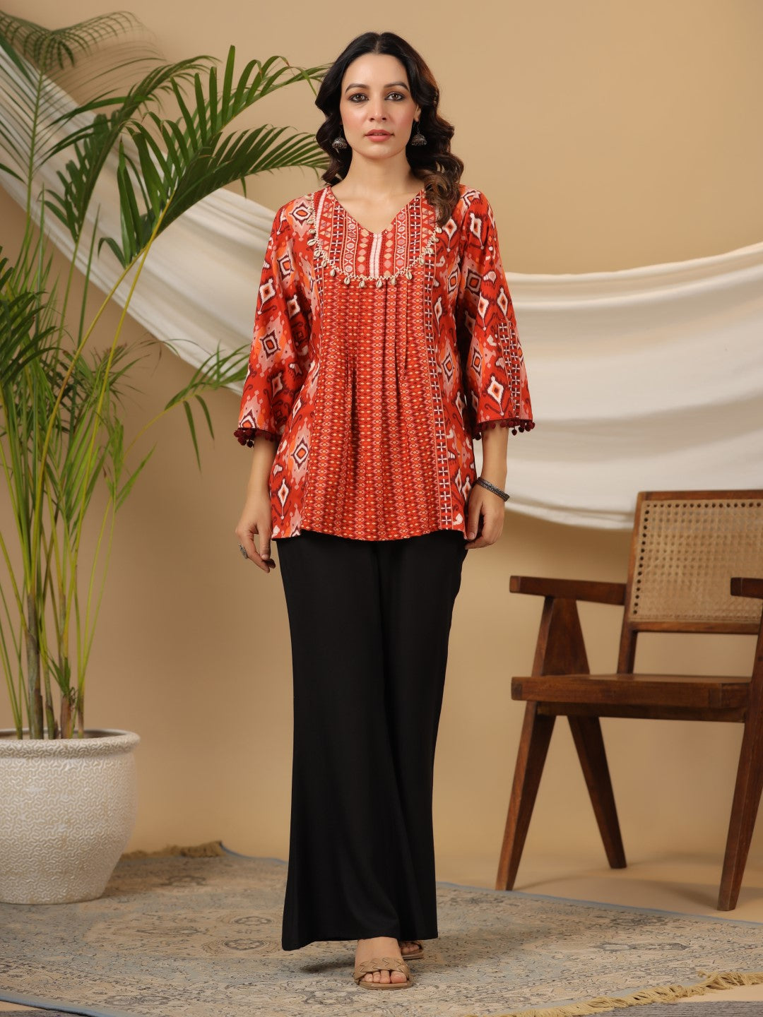 Juniper Rust Rayon Ikat Printed A-Line Lacy Tunic With Pintucks At Works & Beadwork