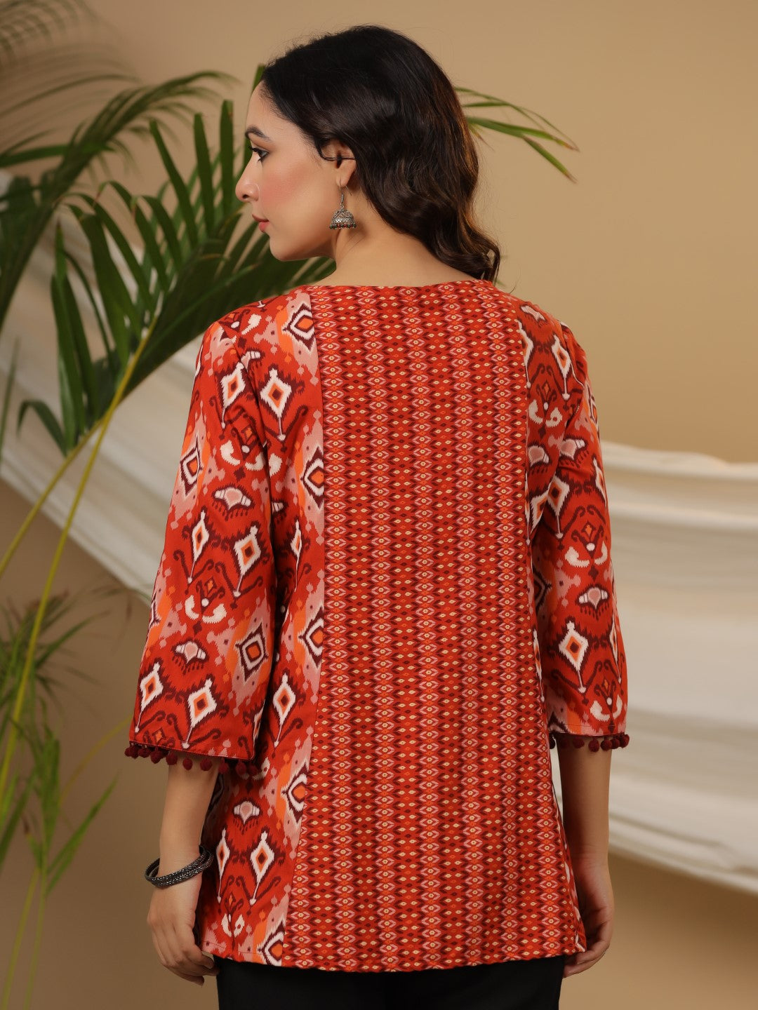 Juniper Rust Rayon Ikat Printed A-Line Lacy Tunic With Pintucks At Works & Beadwork