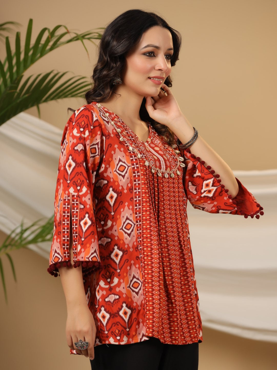 Juniper Rust Rayon Ikat Printed A-Line Lacy Tunic With Pintucks At Works & Beadwork