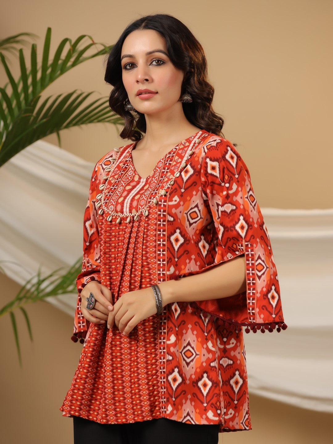 Juniper Rust Rayon Ikat Printed A-Line Lacy Tunic With Pintucks At Works & Beadwork