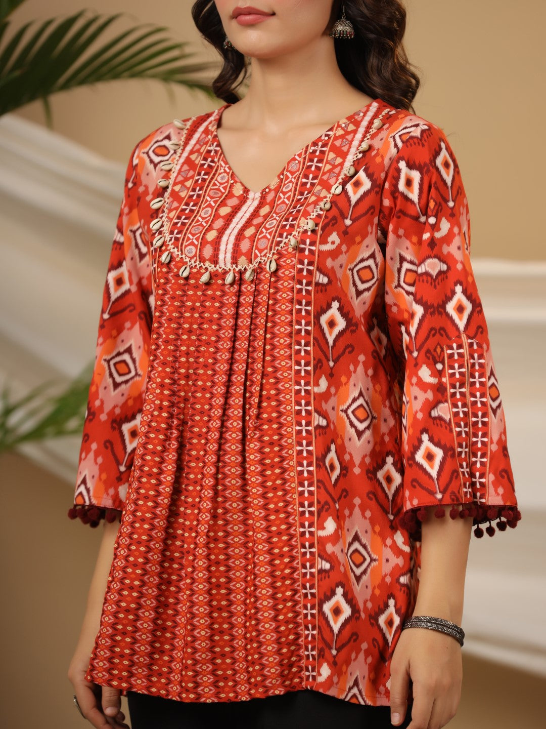 Juniper Rust Rayon Ikat Printed A-Line Lacy Tunic With Pintucks At Works & Beadwork