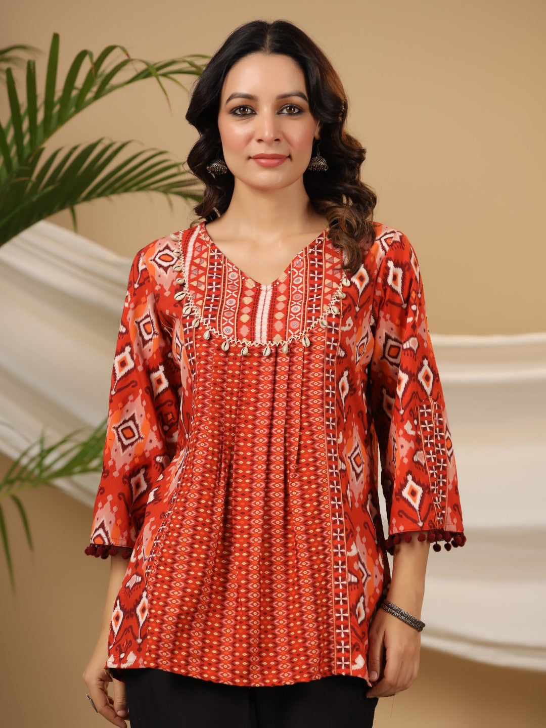 Juniper Rust Rayon Ikat Printed A-Line Lacy Tunic With Pintucks At Works & Beadwork
