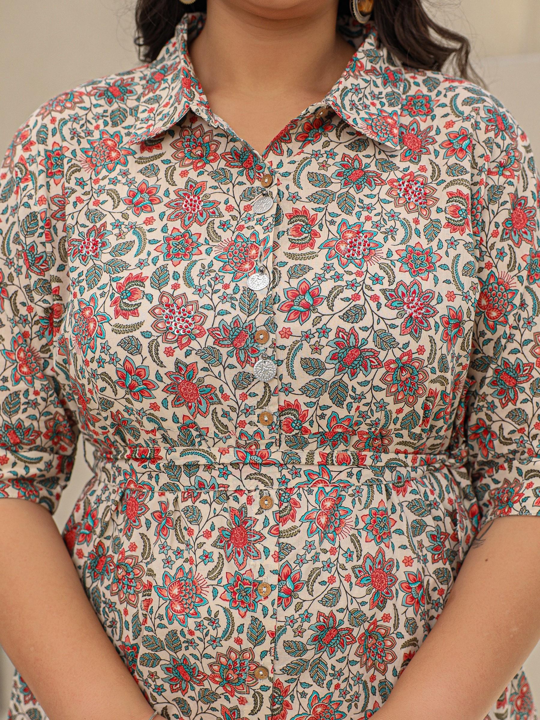 Juniper Ivory Floral Printed A-Line Cotton Cambric Plus Size Dress With Beads & Sequins