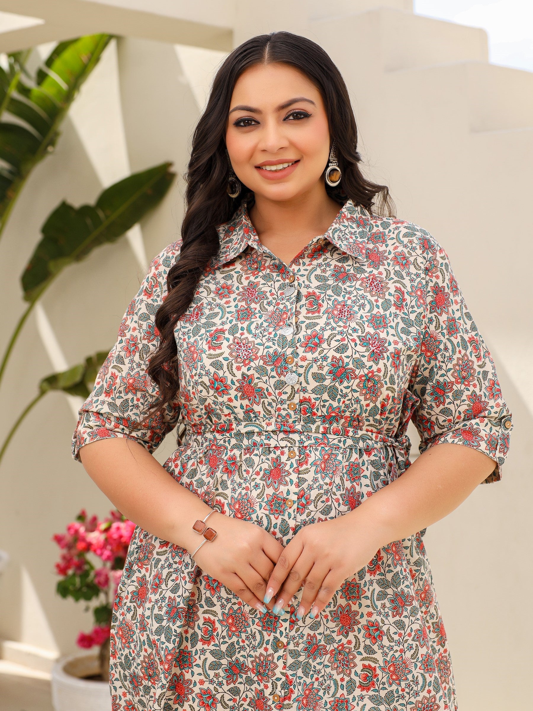 Juniper Ivory Floral Printed A-Line Cotton Cambric Plus Size Dress With Beads & Sequins