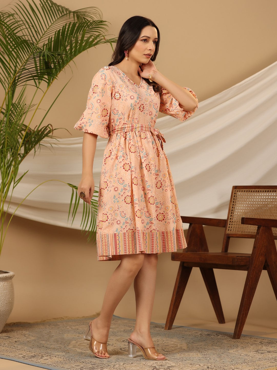 Juniper Women Peach Cotton Cambric Printed Short Dress
