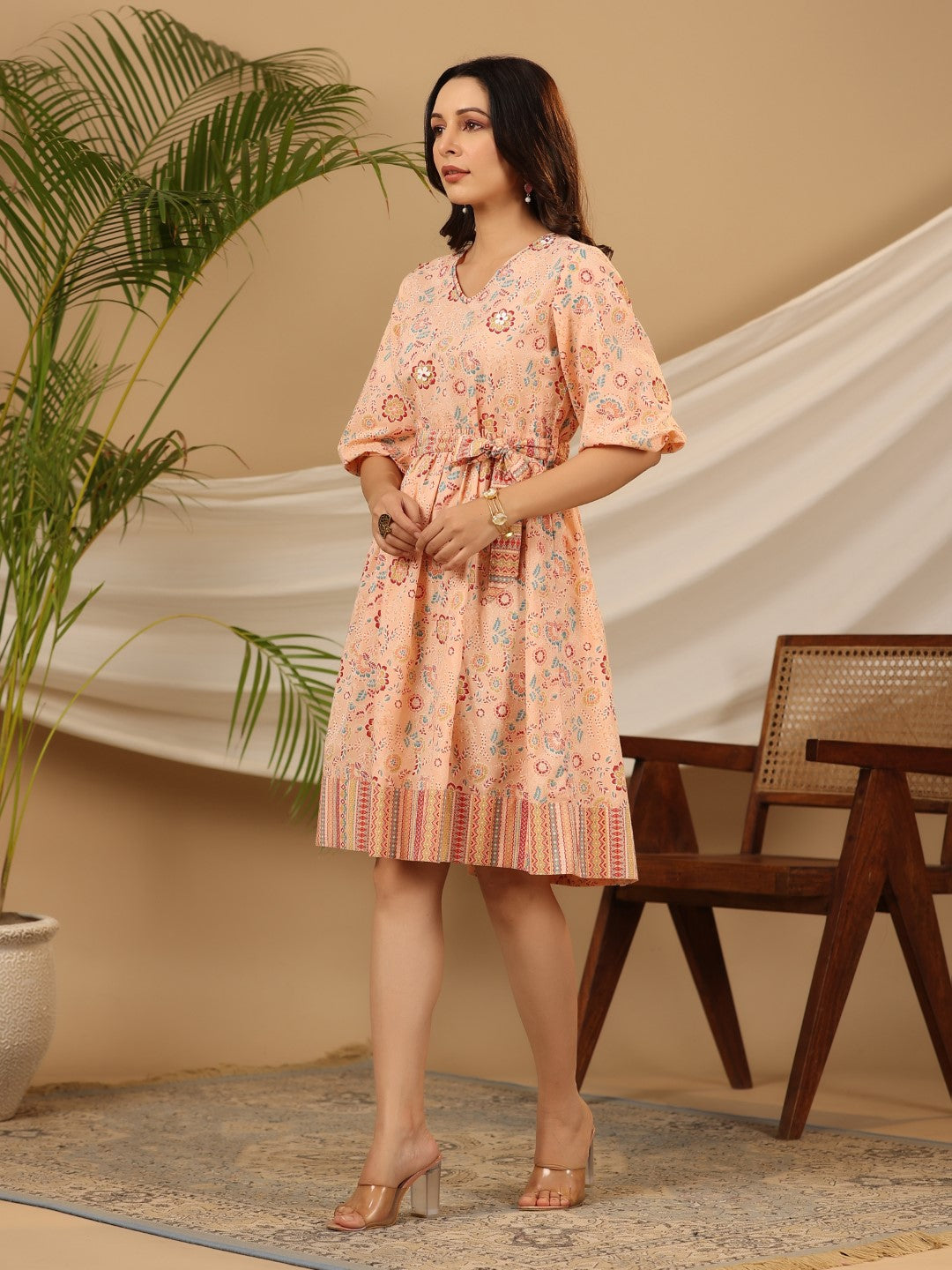 Juniper Women Peach Cotton Cambric Printed Short Dress