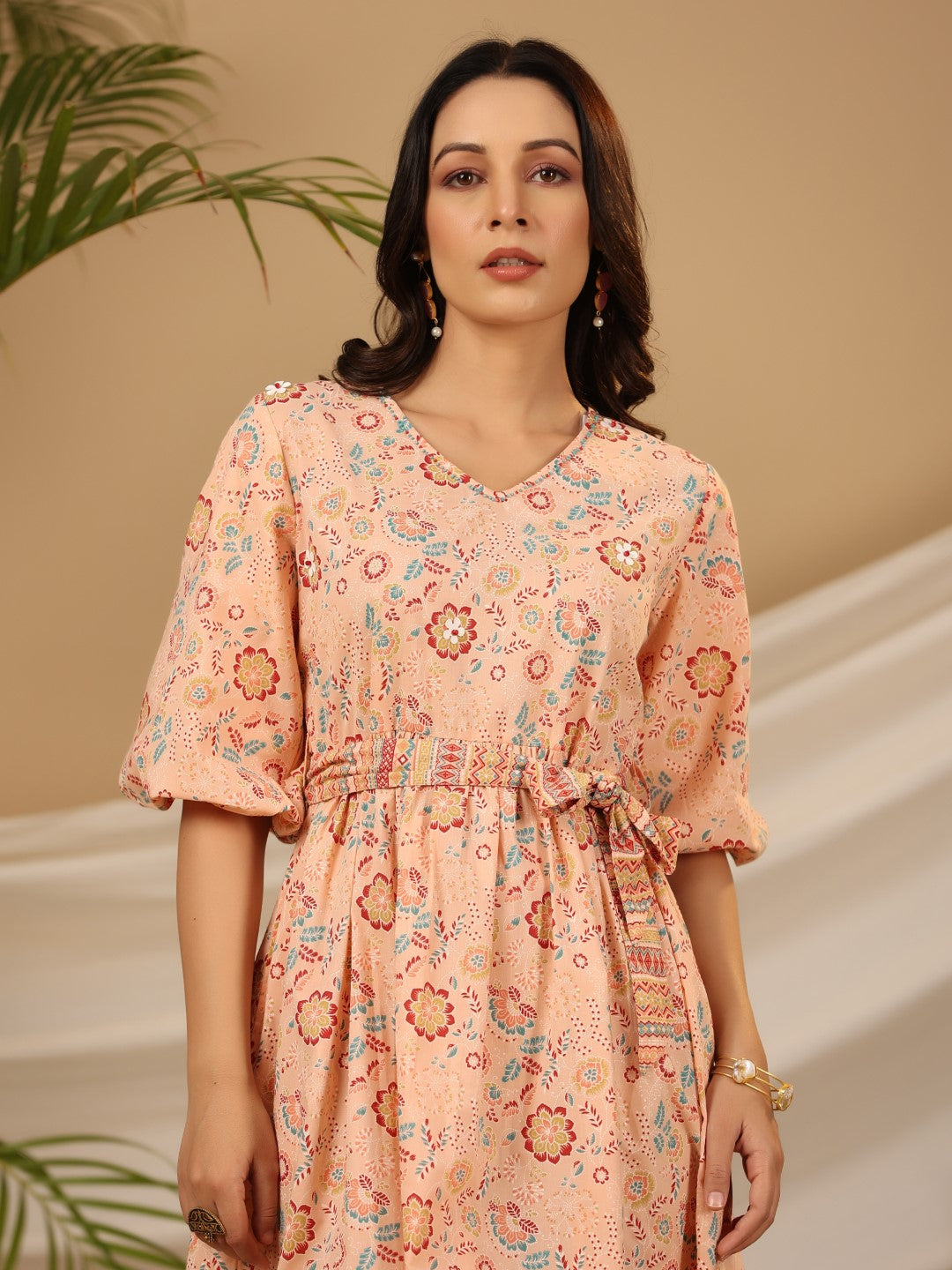 Juniper Women Peach Cotton Cambric Printed Short Dress