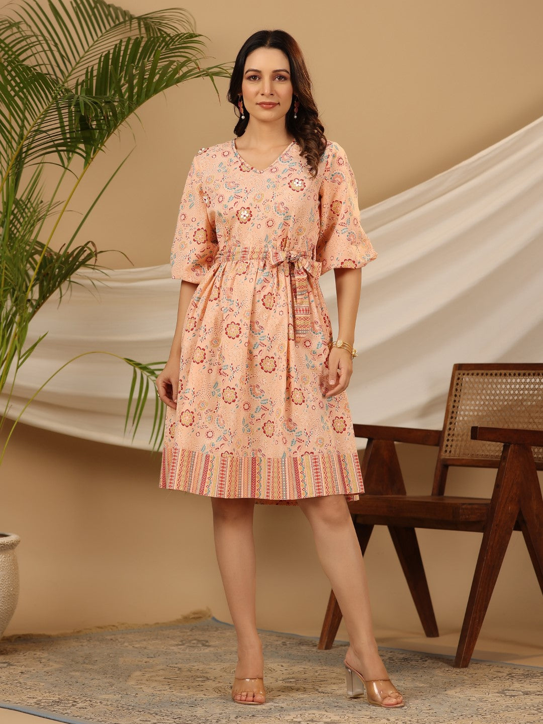 Juniper Women Peach Cotton Cambric Printed Short Dress