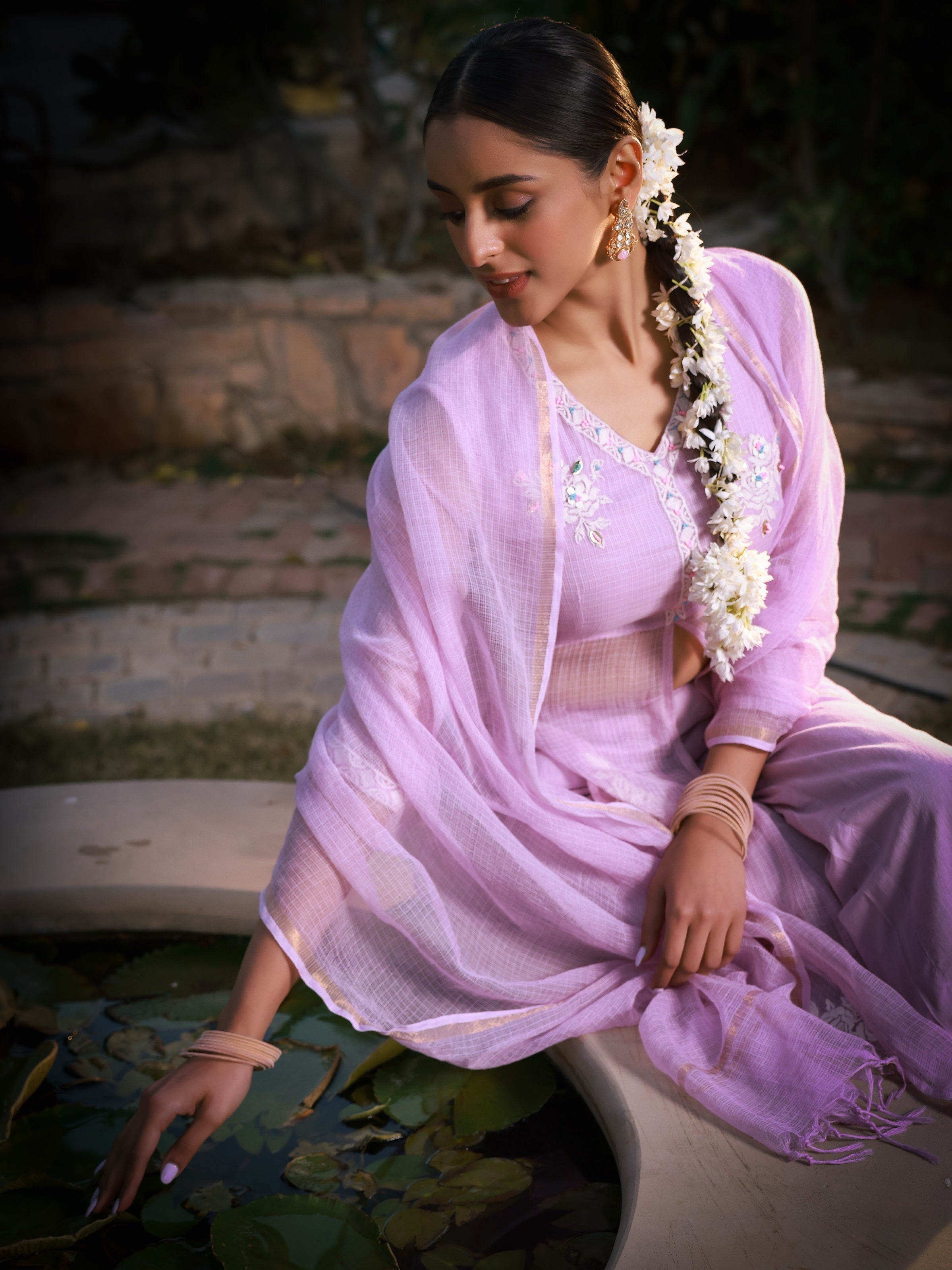 Juniper Lilac Floral Printed pure Cotton Kurta Palazzos & Kota Doria Dupatta With Beads Work