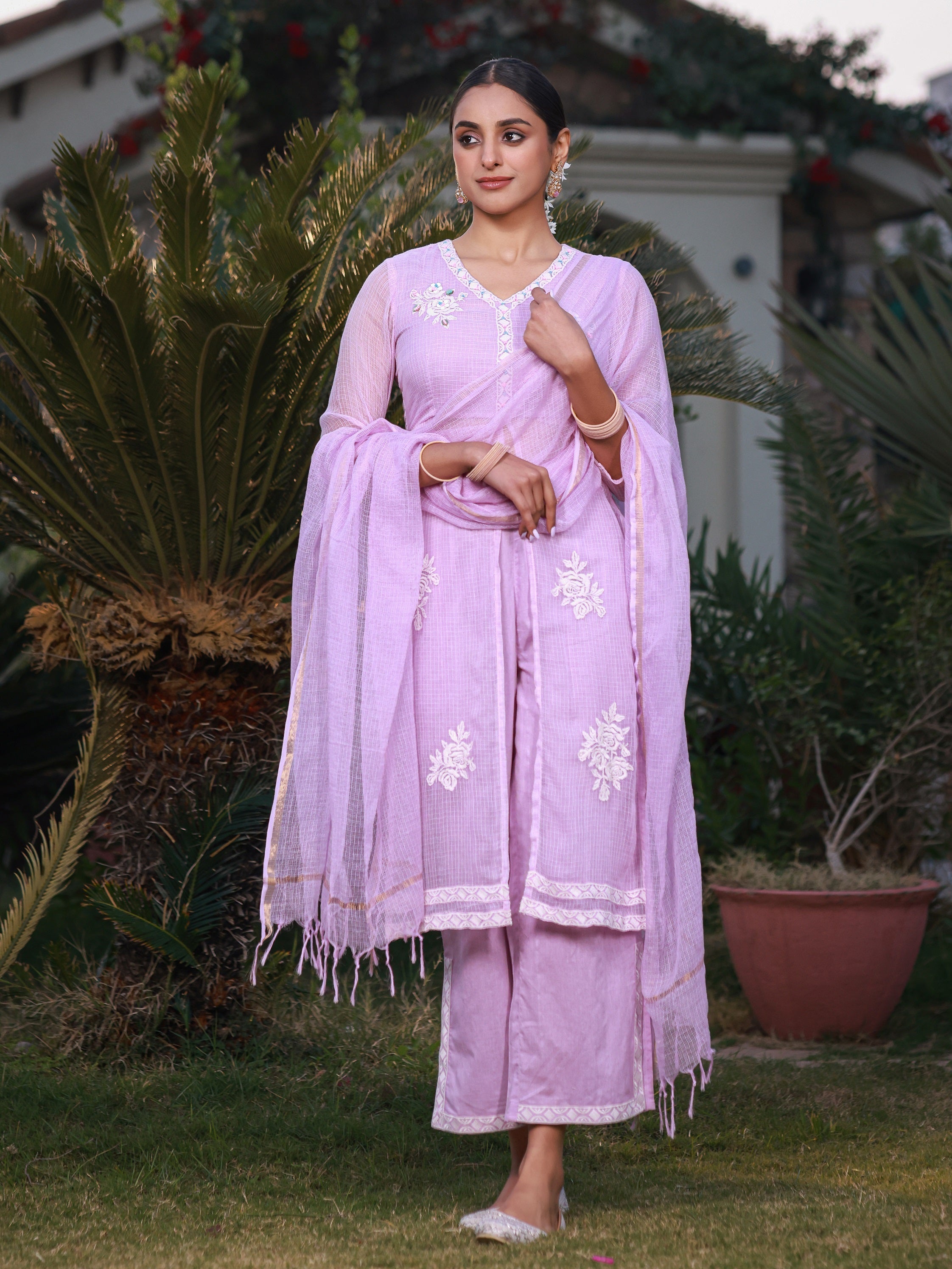 Juniper Lilac Floral Printed pure Cotton Kurta Palazzos & Kota Doria Dupatta With Beads Work