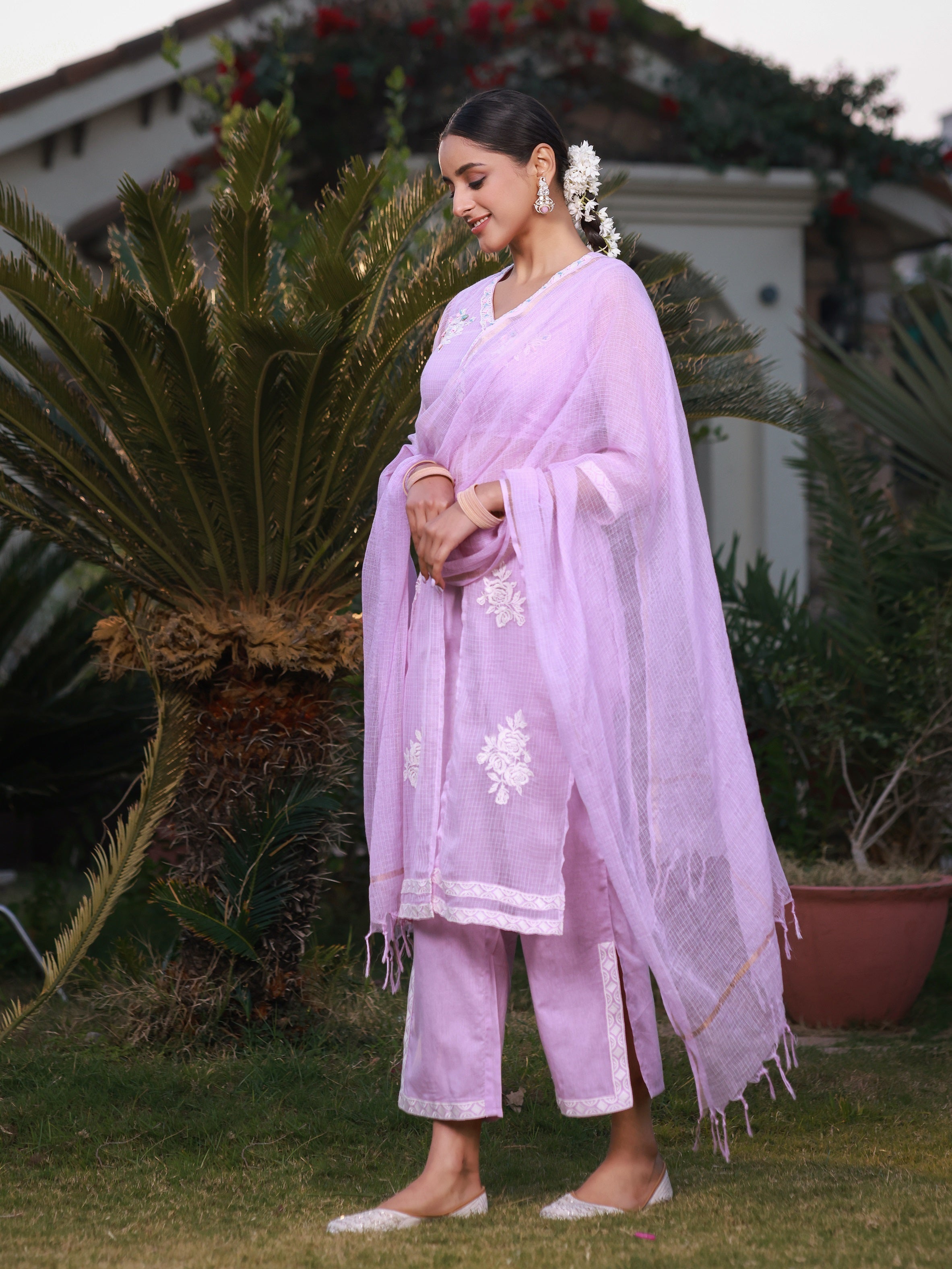 Juniper Lilac Floral Printed pure Cotton Kurta Palazzos & Kota Doria Dupatta With Beads Work