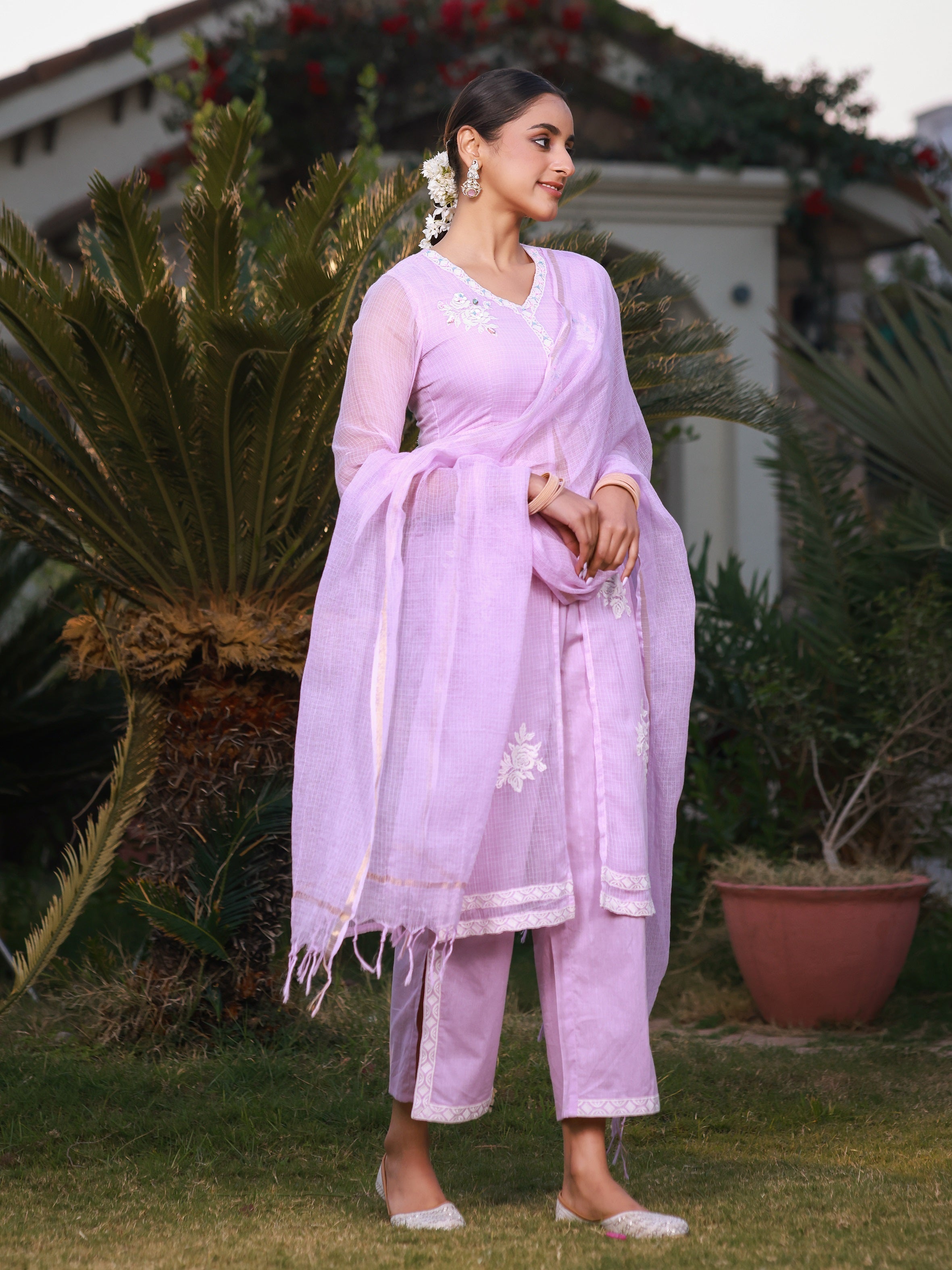 Juniper Lilac Floral Printed pure Cotton Kurta Palazzos & Kota Doria Dupatta With Beads Work