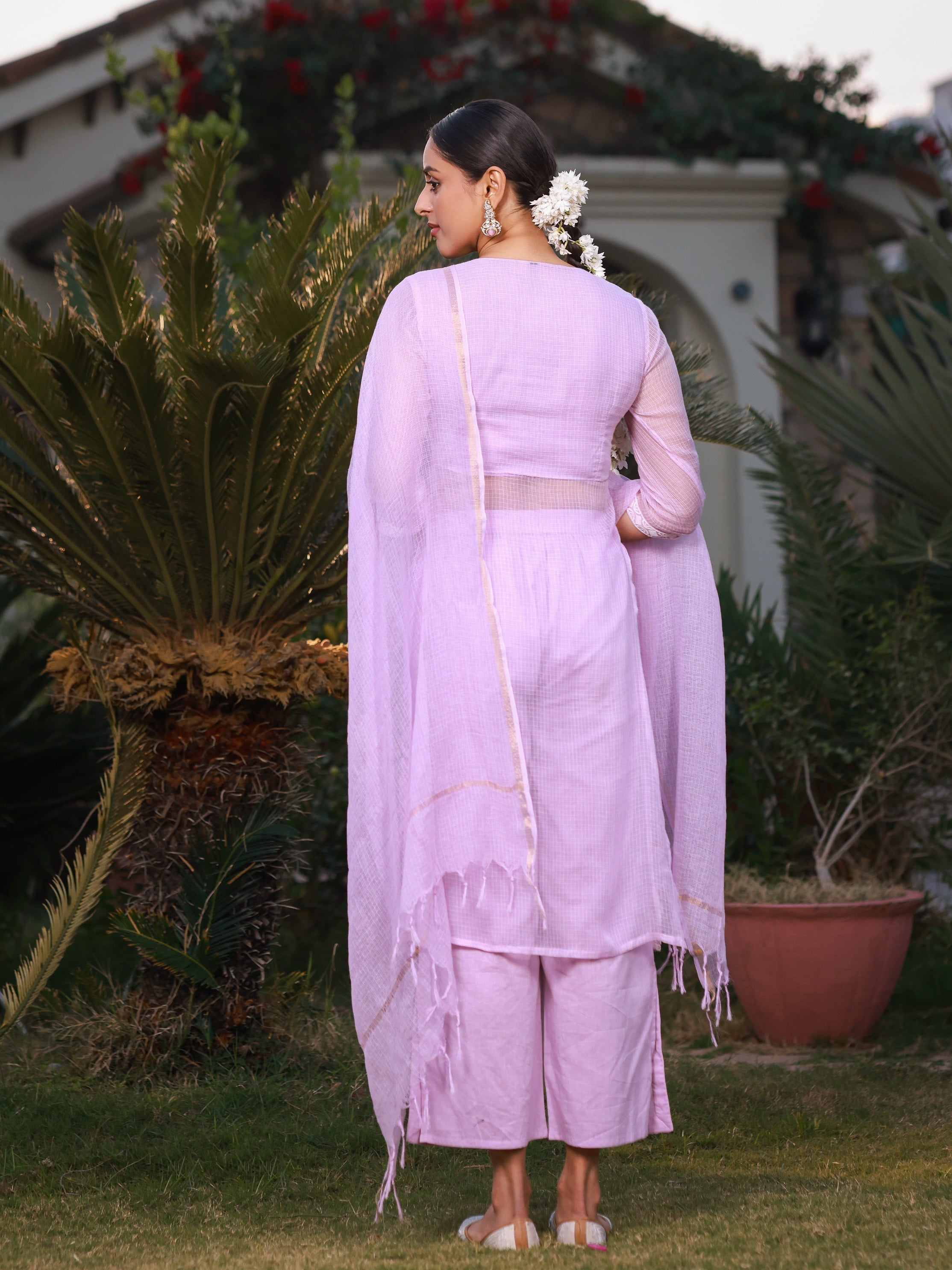 Juniper Lilac Floral Printed pure Cotton Kurta Palazzos & Kota Doria Dupatta With Beads Work