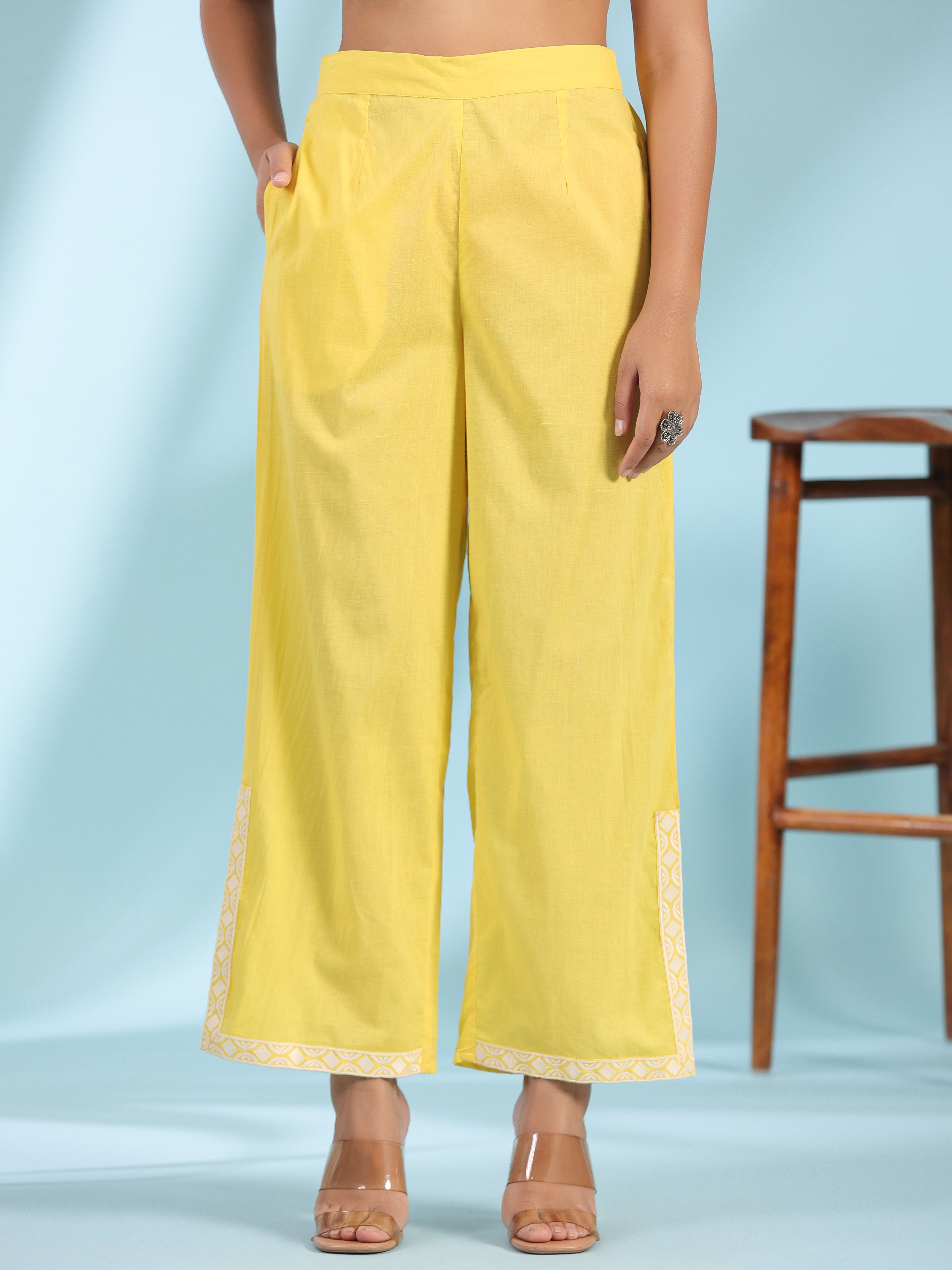 Juniper Yellow Floral Printed pure Cotton Kurta Palazzos & Kota Doria Dupatta With Beads Work