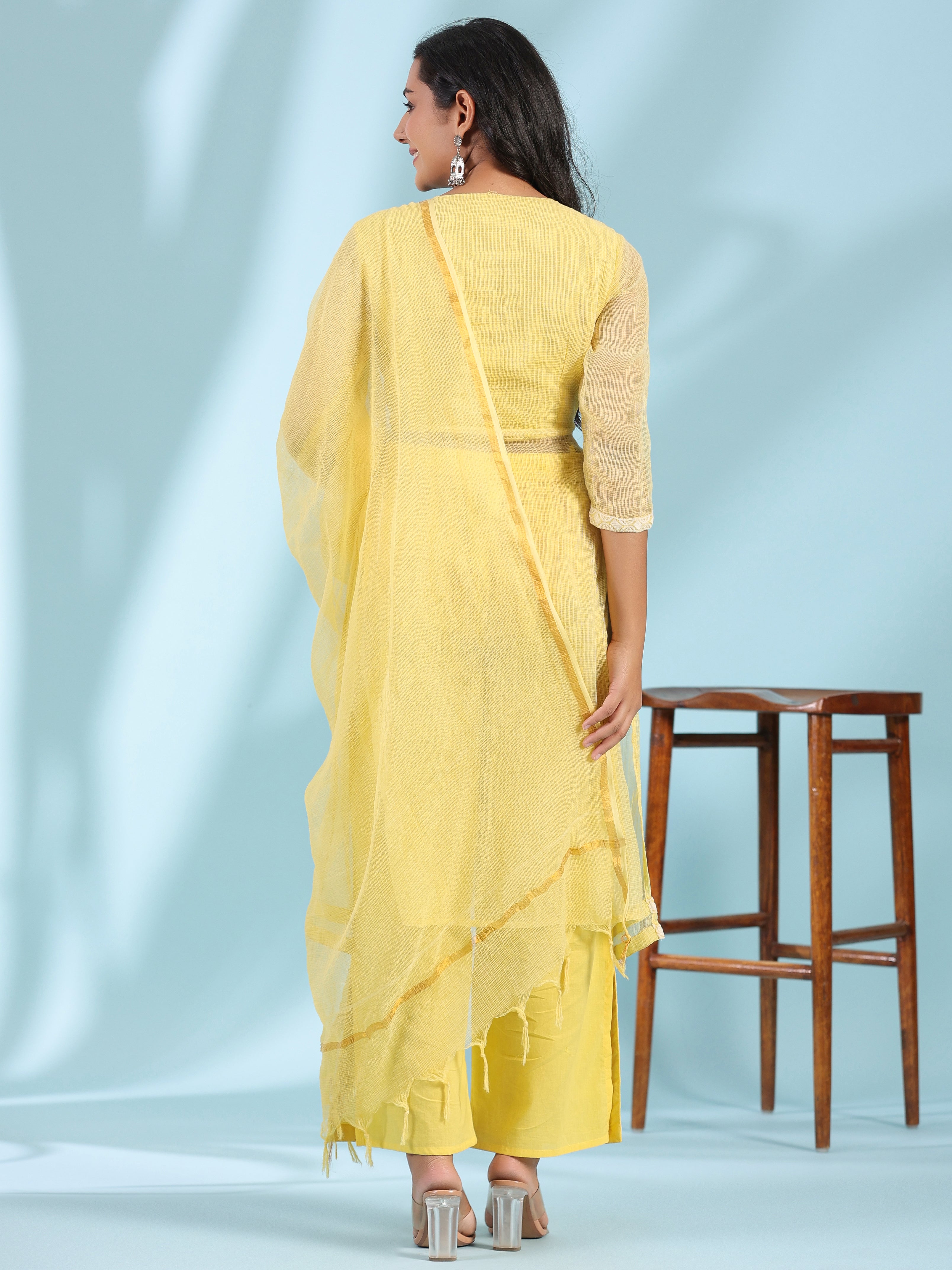 Juniper Yellow Floral Printed pure Cotton Kurta Palazzos & Kota Doria Dupatta With Beads Work