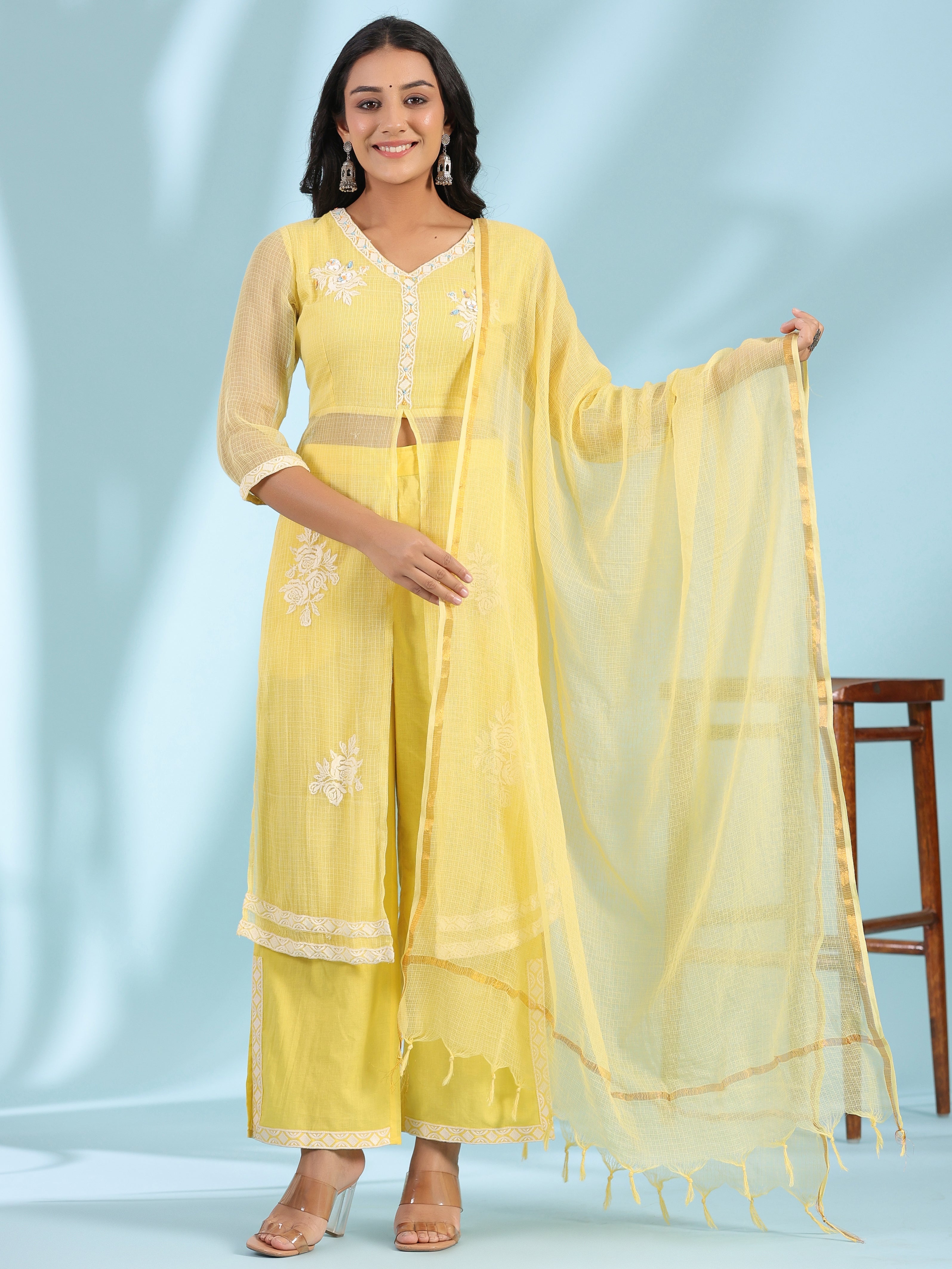 Juniper Yellow Floral Printed pure Cotton Kurta Palazzos & Kota Doria Dupatta With Beads Work