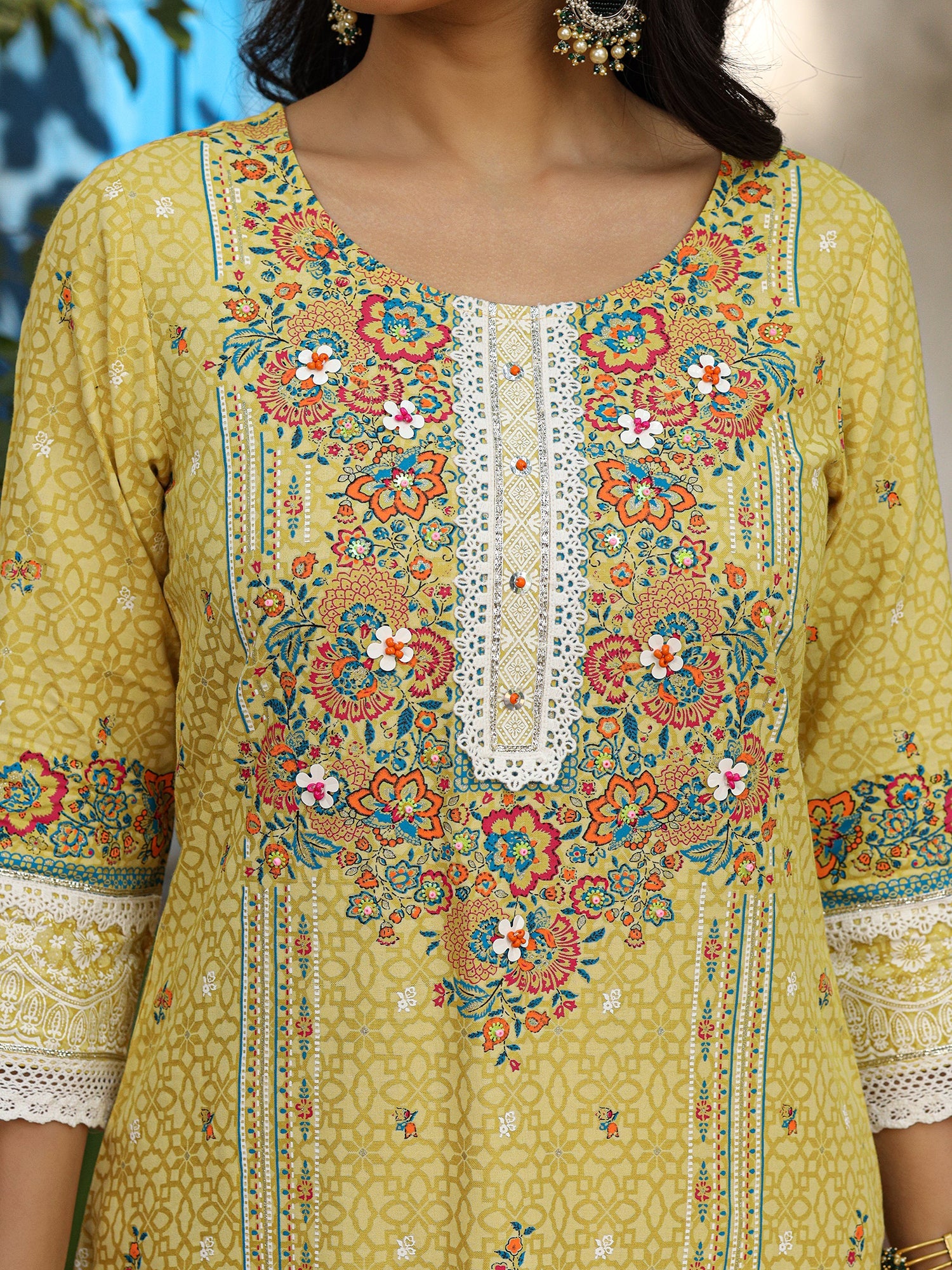 Juniper Mustard Floral printed Pure Cotton Kurta Pants & Dupatta With Lace Work