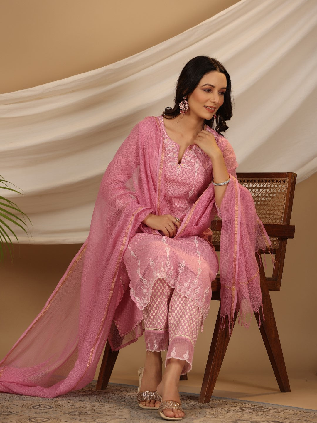 Juniper The Rooh Pink Cotton & Kota Doria Layered Kurta With Pants Set With Thread Embroidery (3-Pcs)