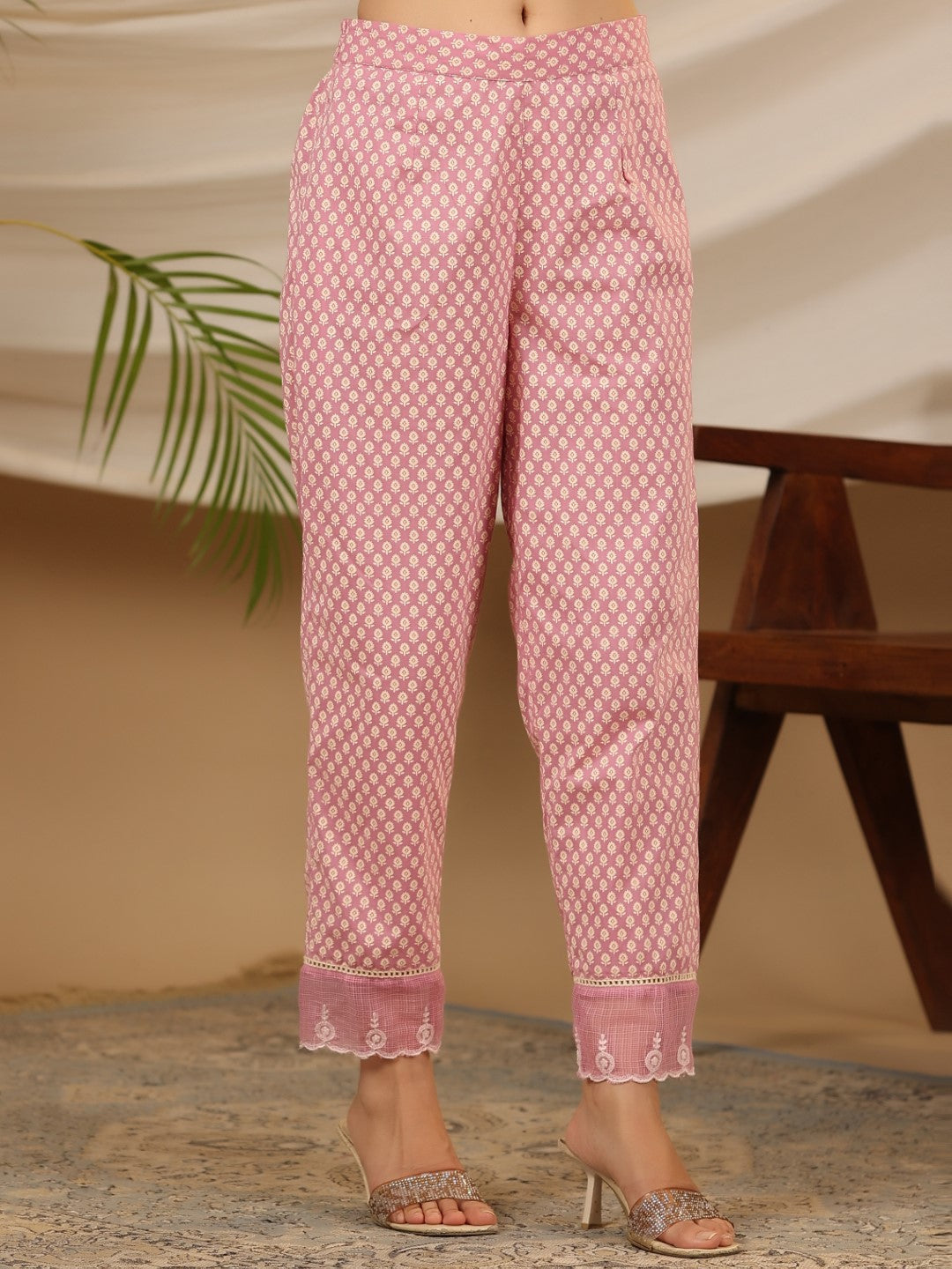 Juniper The Rooh Pink Cotton & Kota Doria Layered Kurta With Pants Set With Thread Embroidery (3-Pcs)