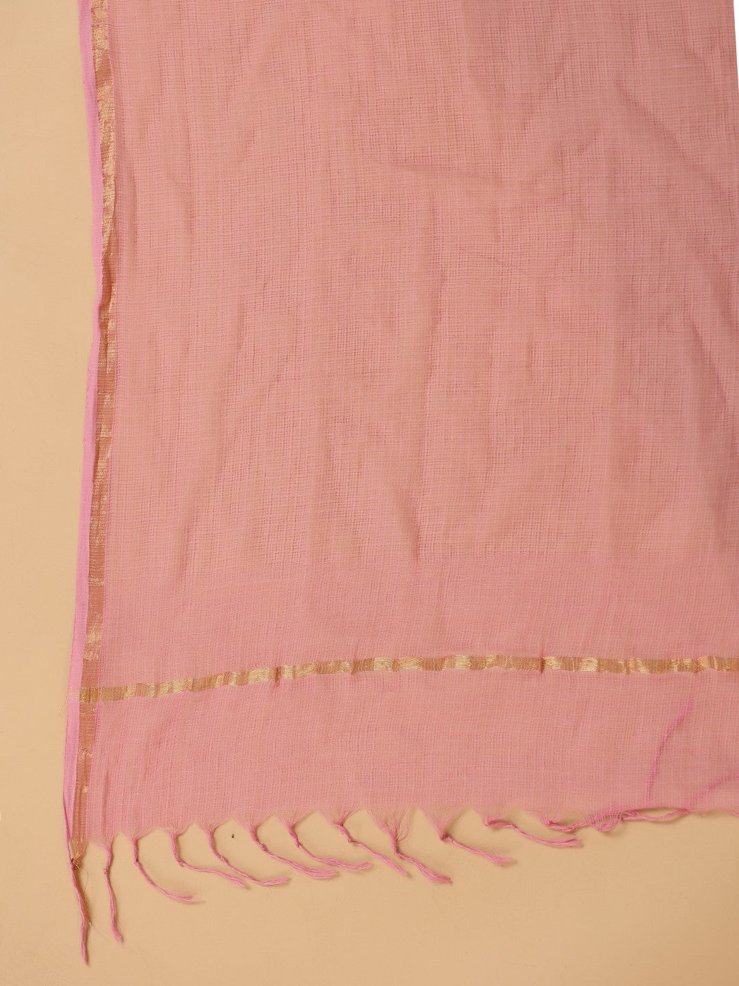 Juniper The Rooh Pink Cotton & Kota Doria Layered Kurta With Pants Set With Thread Embroidery (3-Pcs)