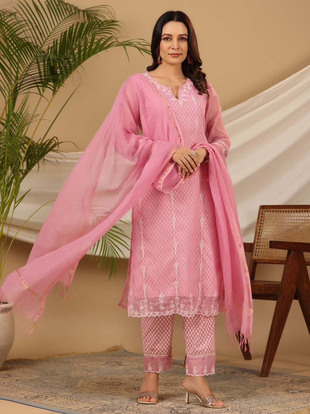Juniper The Rooh Pink Cotton & Kota Doria Layered Kurta With Pants Set With Thread Embroidery (3-Pcs)