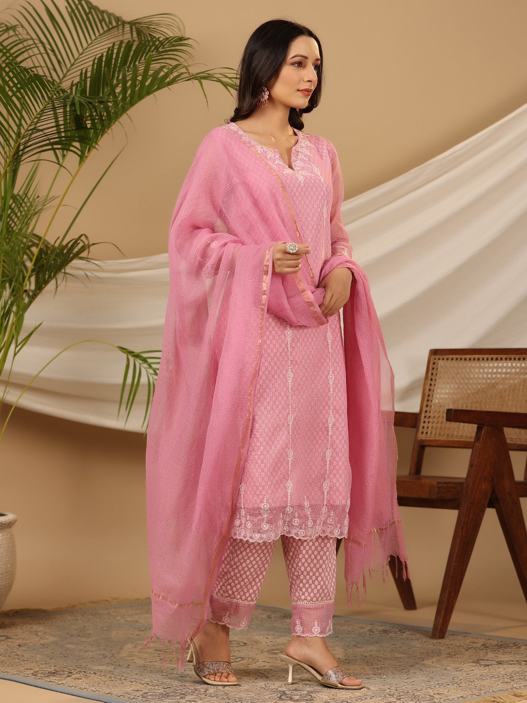 Juniper The Rooh Pink Cotton & Kota Doria Layered Kurta With Pants Set With Thread Embroidery (3-Pcs)