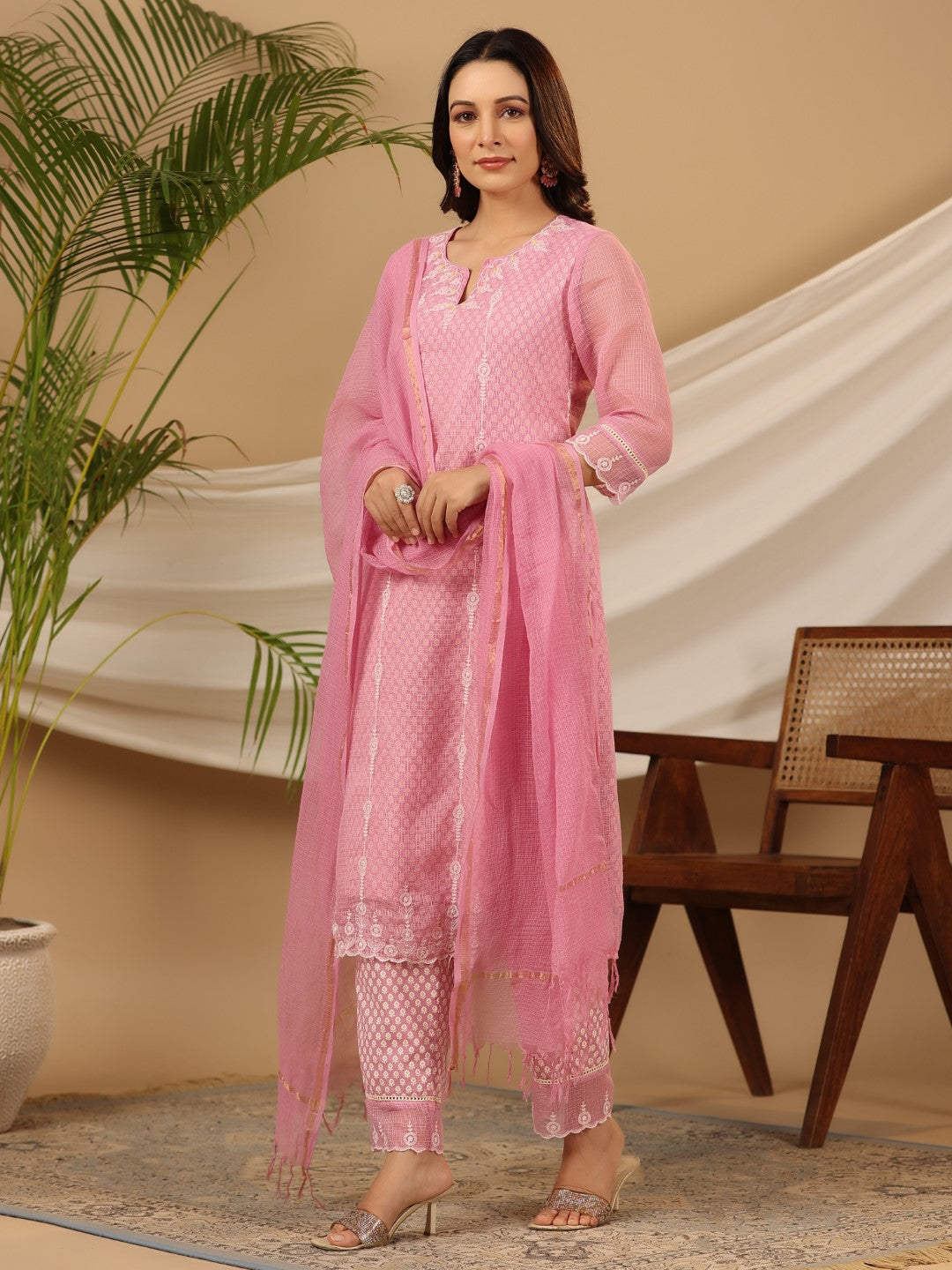 Juniper The Rooh Pink Cotton & Kota Doria Layered Kurta With Pants Set With Thread Embroidery (3-Pcs)