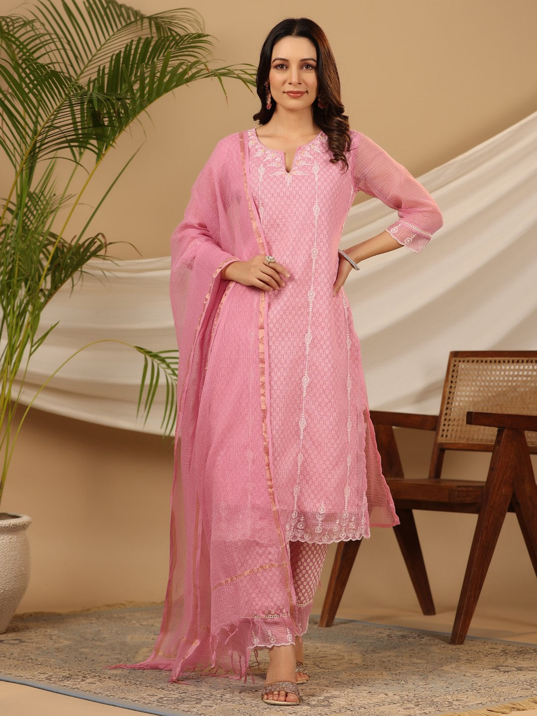 Juniper The Rooh Pink Cotton & Kota Doria Layered Kurta With Pants Set With Thread Embroidery (3-Pcs)