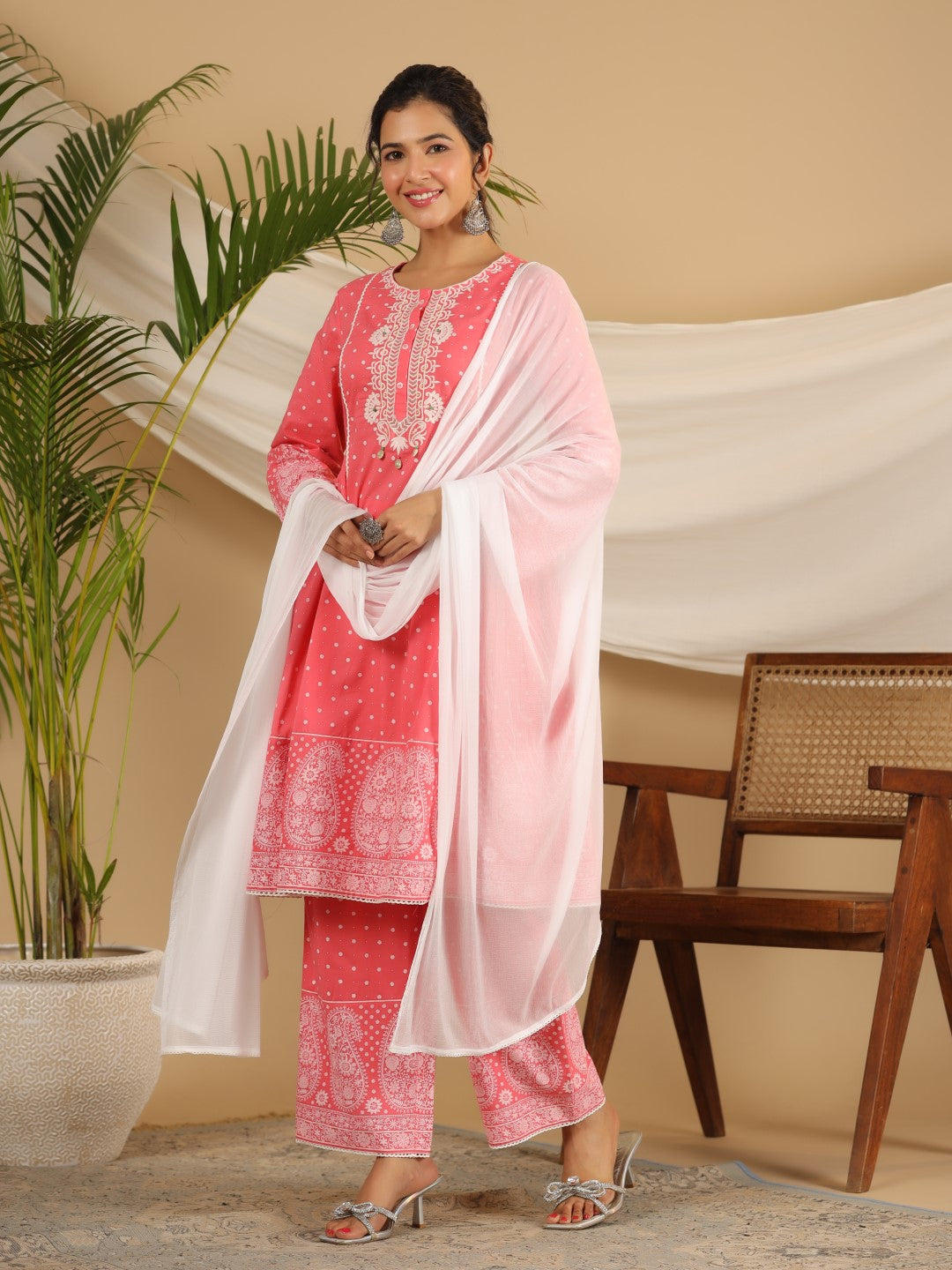 Juniper Pure Cotton Coral Ethnic Motif Printed Kurta With Palazzo Set With Thread Embroidery
