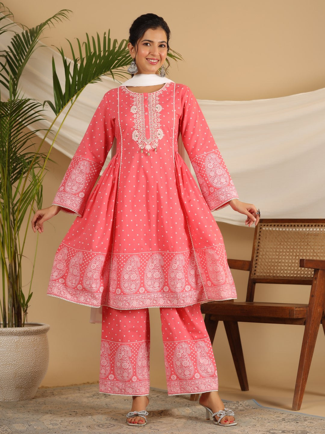 Juniper Pure Cotton Coral Ethnic Motif Printed Kurta With Palazzo Set With Thread Embroidery