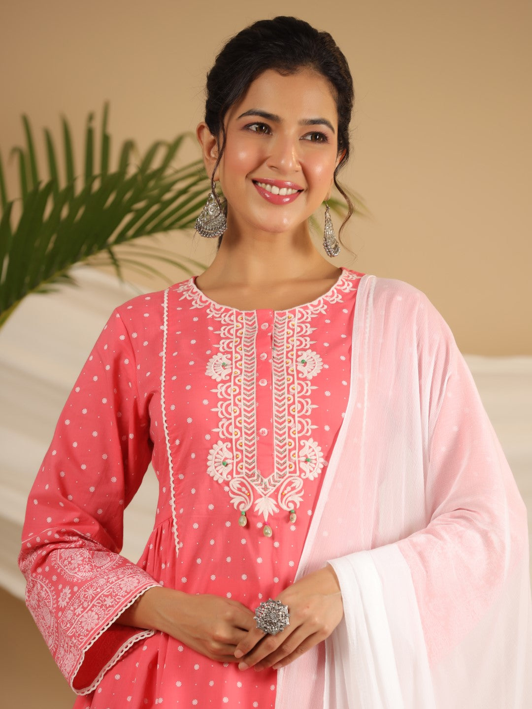 Juniper Pure Cotton Coral Ethnic Motif Printed Kurta With Palazzo Set With Thread Embroidery