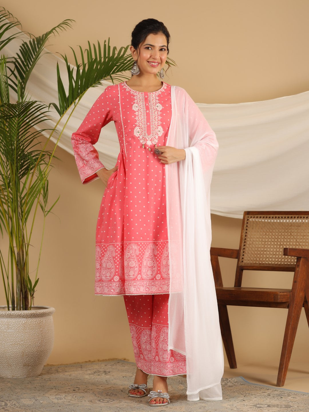 Juniper Pure Cotton Coral Ethnic Motif Printed Kurta With Palazzo Set With Thread Embroidery