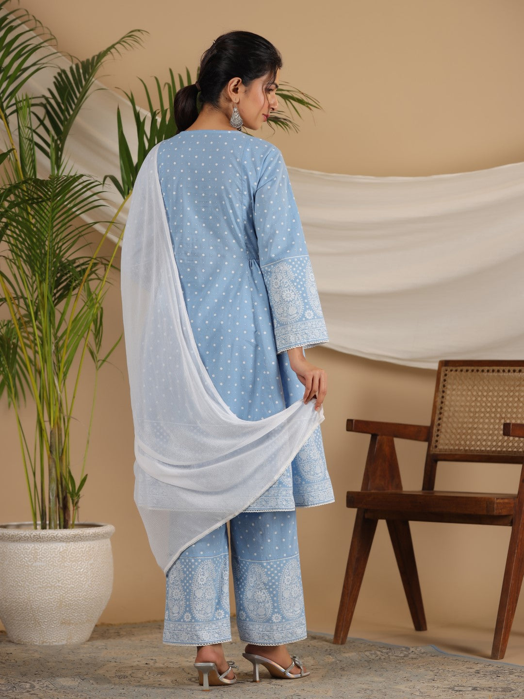 Juniper Pure Cotton Powder Blue Ethnic Motif Printed Kurta Palazzo With Dupatta Set With Thread Embroidery