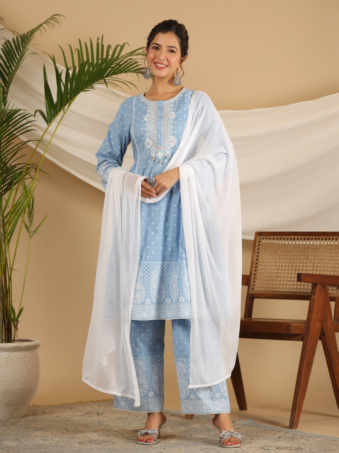 Juniper Pure Cotton Powder Blue Ethnic Motif Printed Kurta Palazzo With Dupatta Set With Thread Embroidery