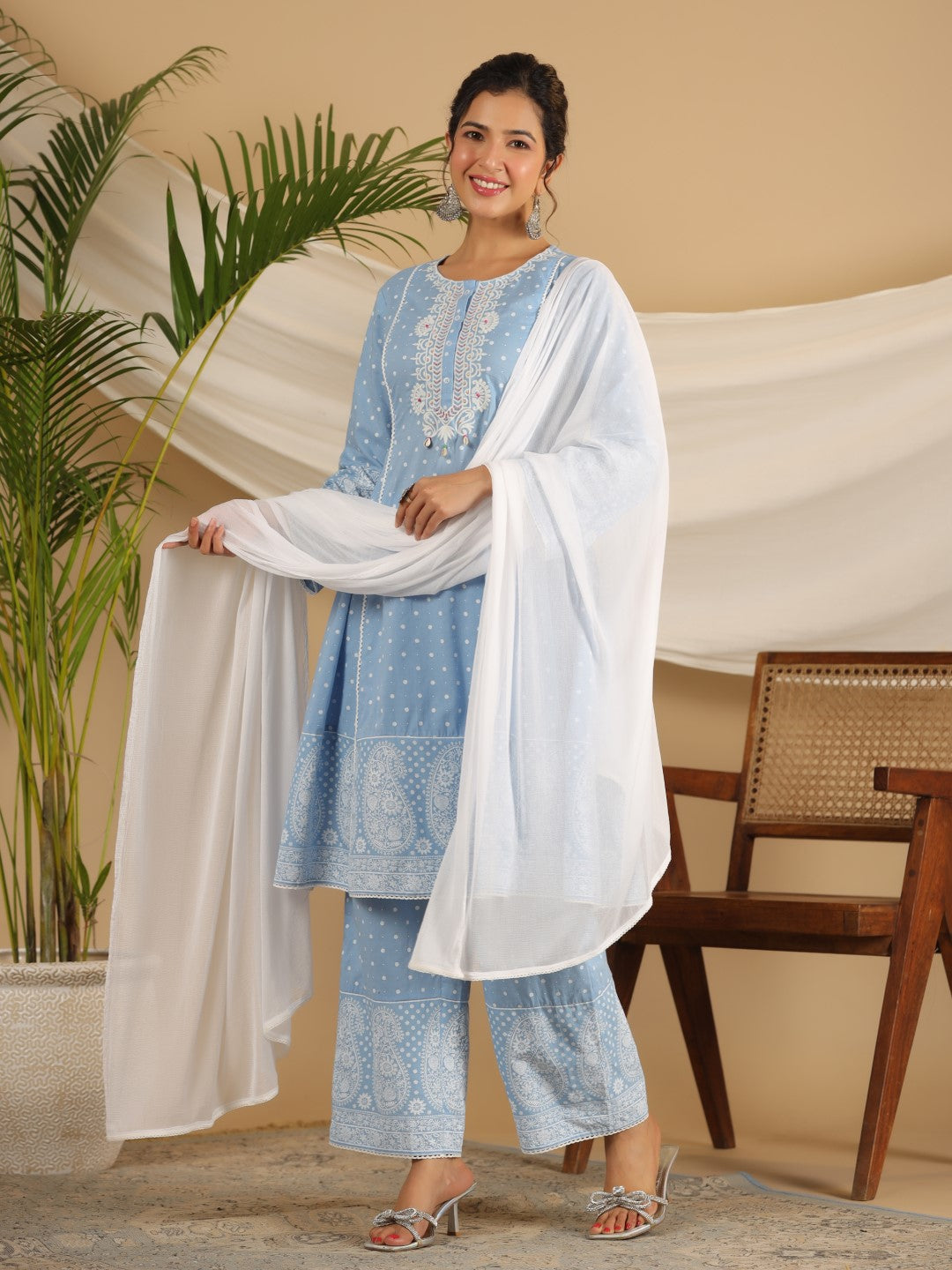 Juniper Pure Cotton Powder Blue Ethnic Motif Printed Kurta Palazzo With Dupatta Set With Thread Embroidery